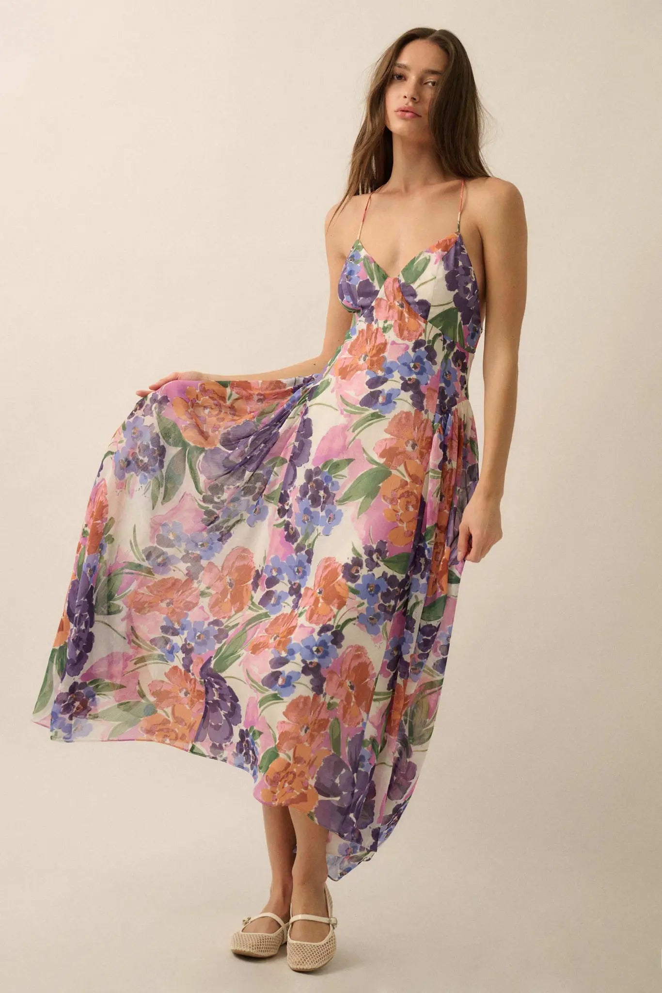 Lush Garden Floral Chiffon Open-Back Maxi Dress - ShopPromesa