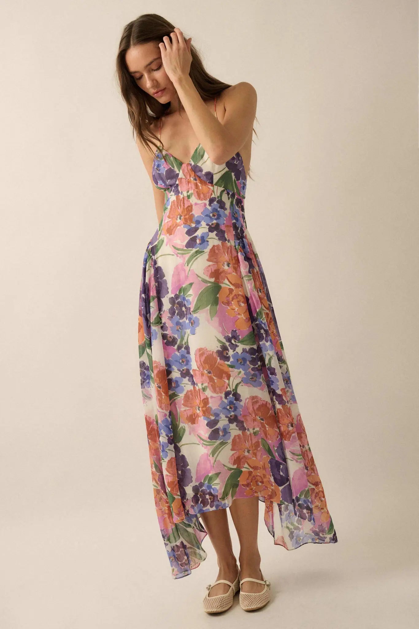 lush pink floral dress Baby Pink Chiffon Floral Print Tiered Maxi Dress