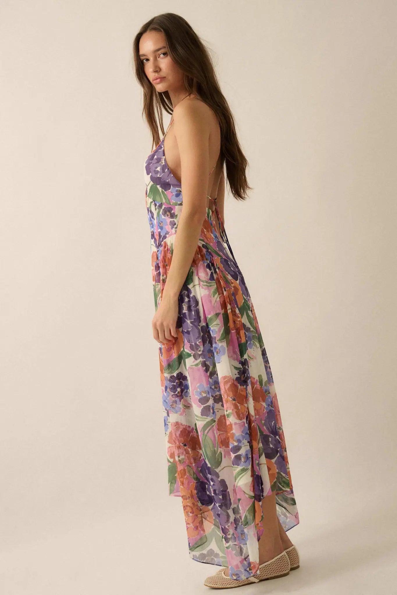 lush chiffon dress Lush Garden Floral Chiffon Open-Back Maxi Dress Off White & Pink / S