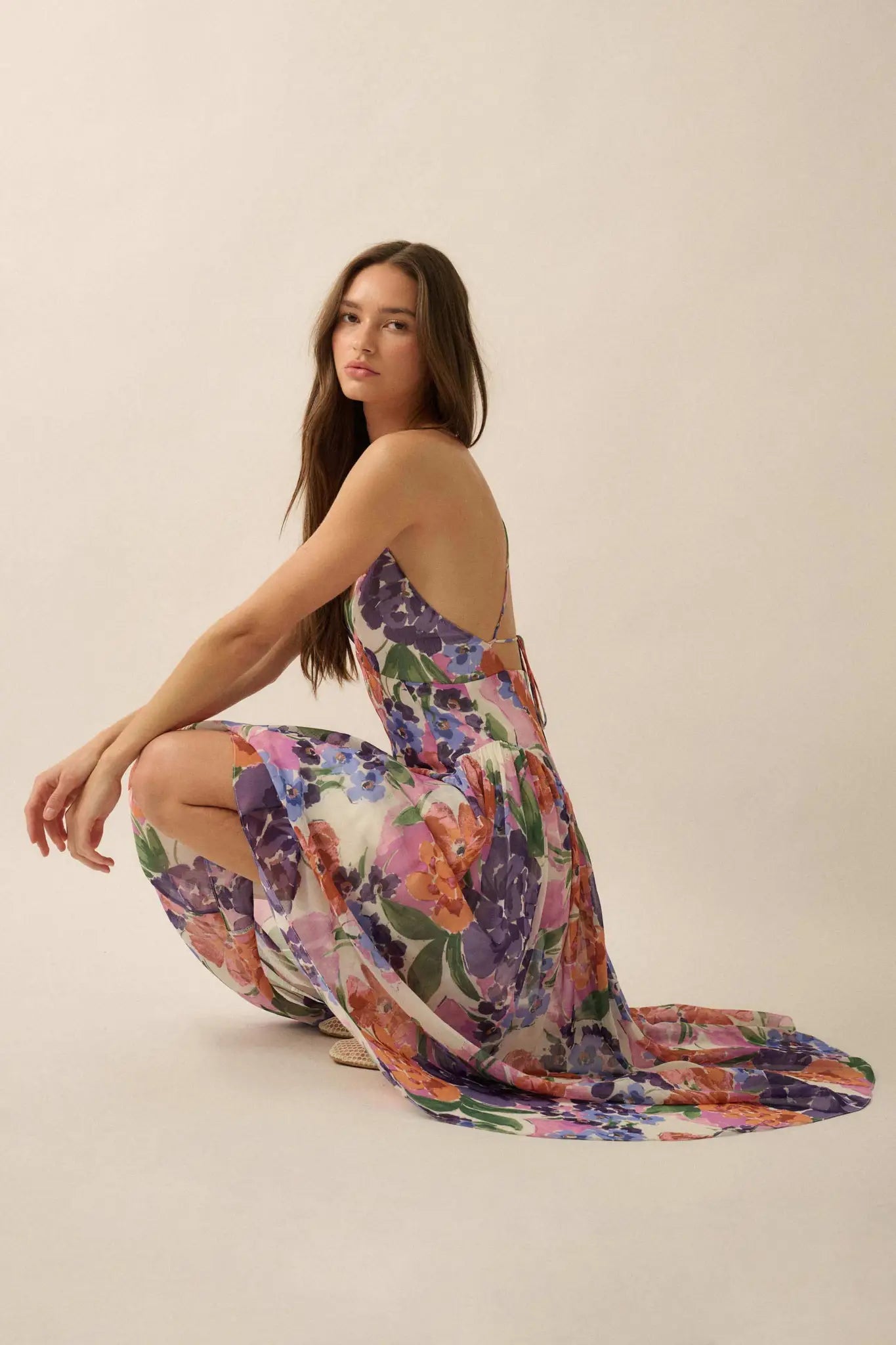 Lush Garden Floral Chiffon Open-Back Maxi Dress Lush Garden Floral Chiffon Open-Back Maxi Dress