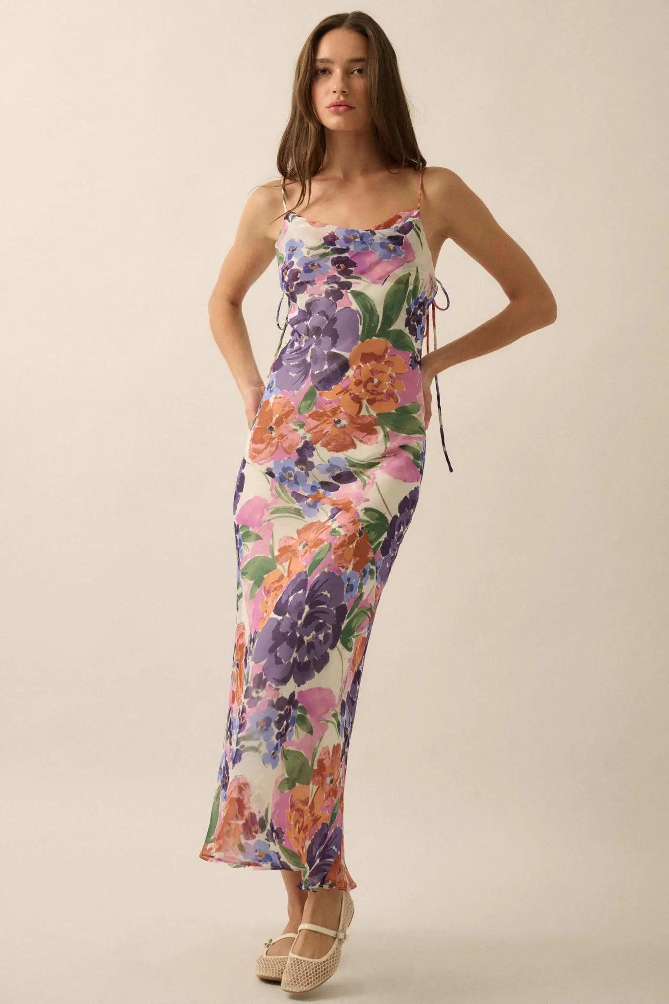 Living Lush Floral Chiffon Cowl-Neck Maxi Dress Off White & Pink / S