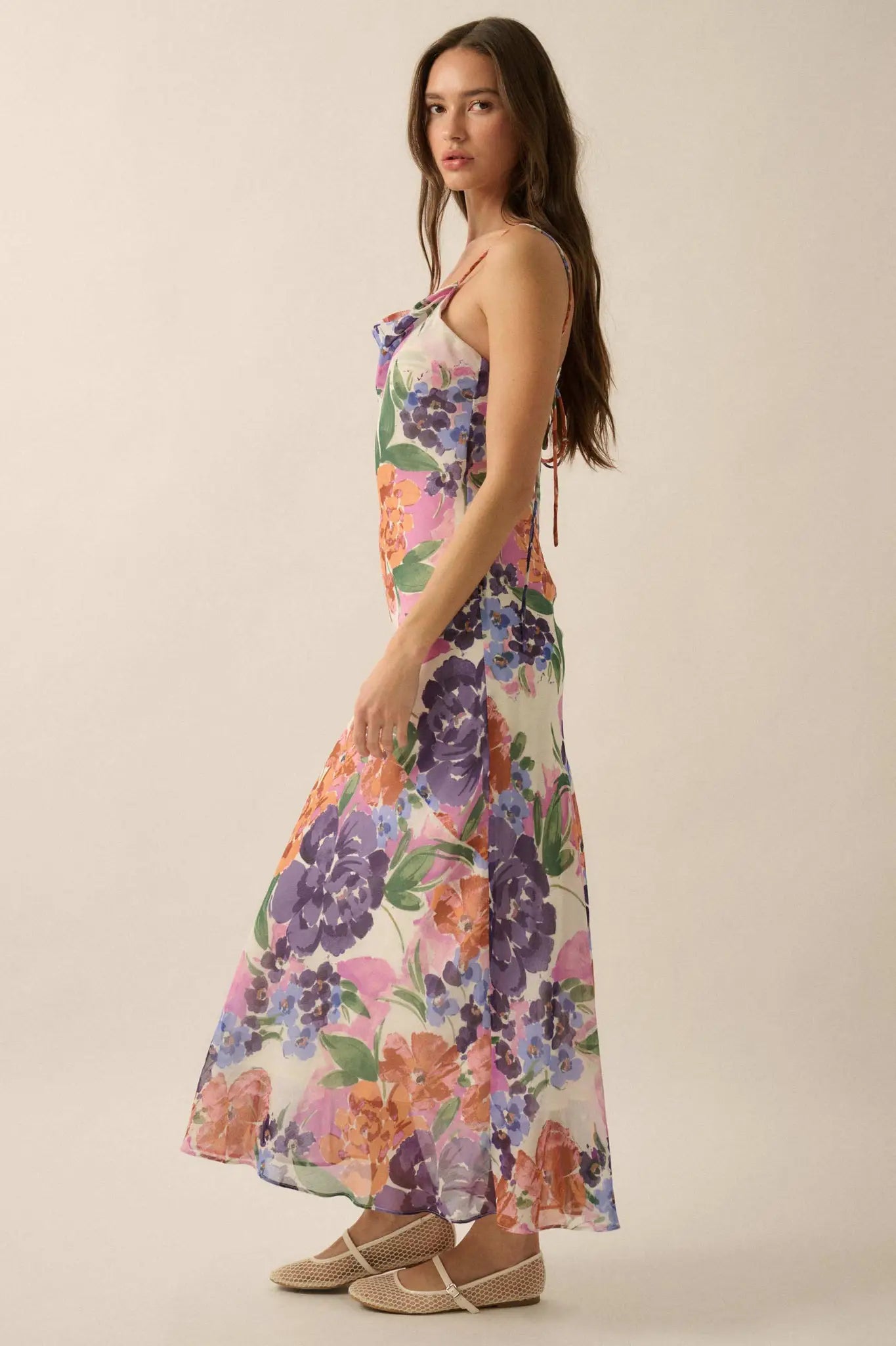 Living Lush Floral Chiffon Cowl-Neck Maxi Dress - ShopPromesa