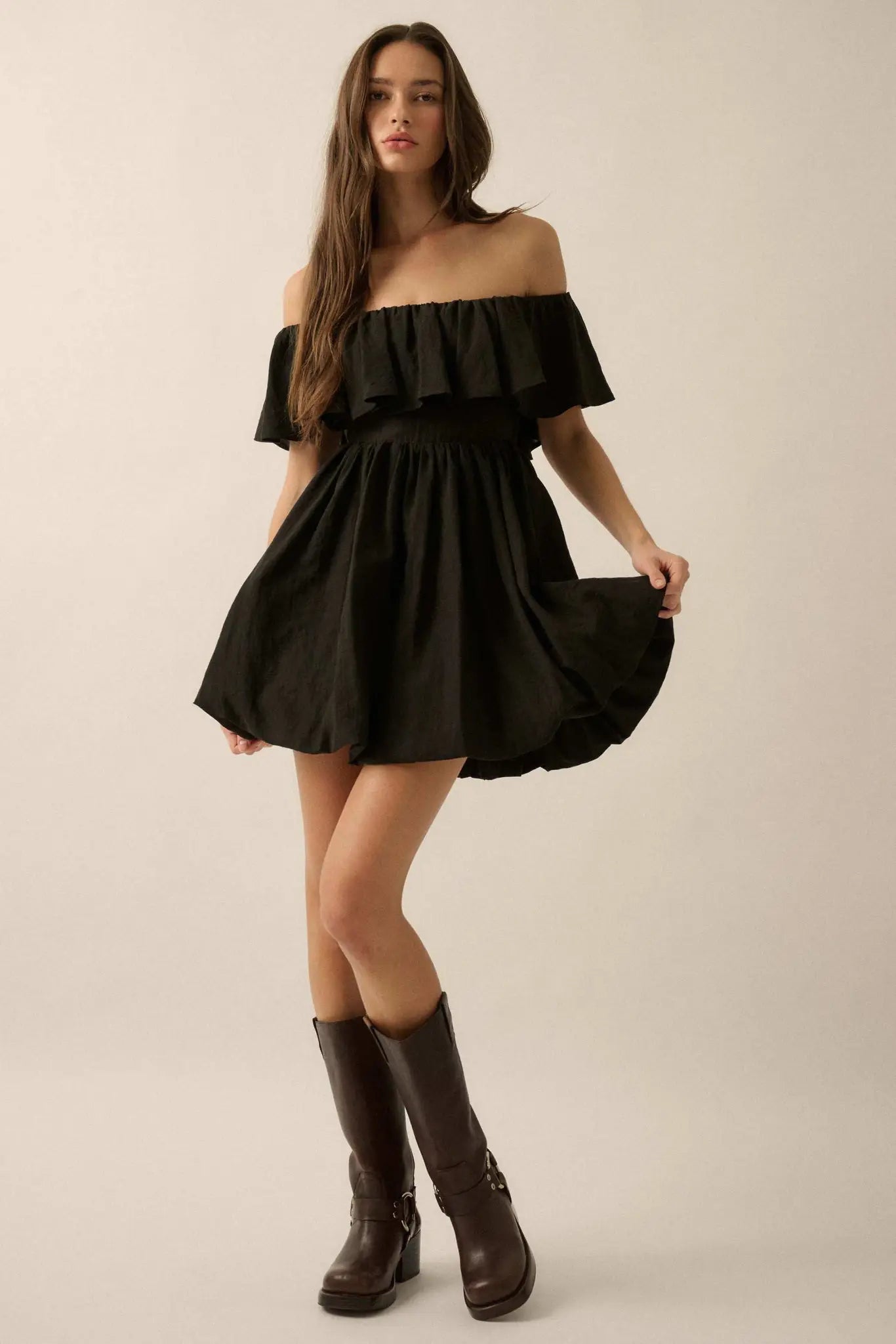 Natural Wonder Off-Shoulder Flounce Mini Dress, Black / S Natural Wonder Off-Shoulder Flounce Mini Dress, Black / S