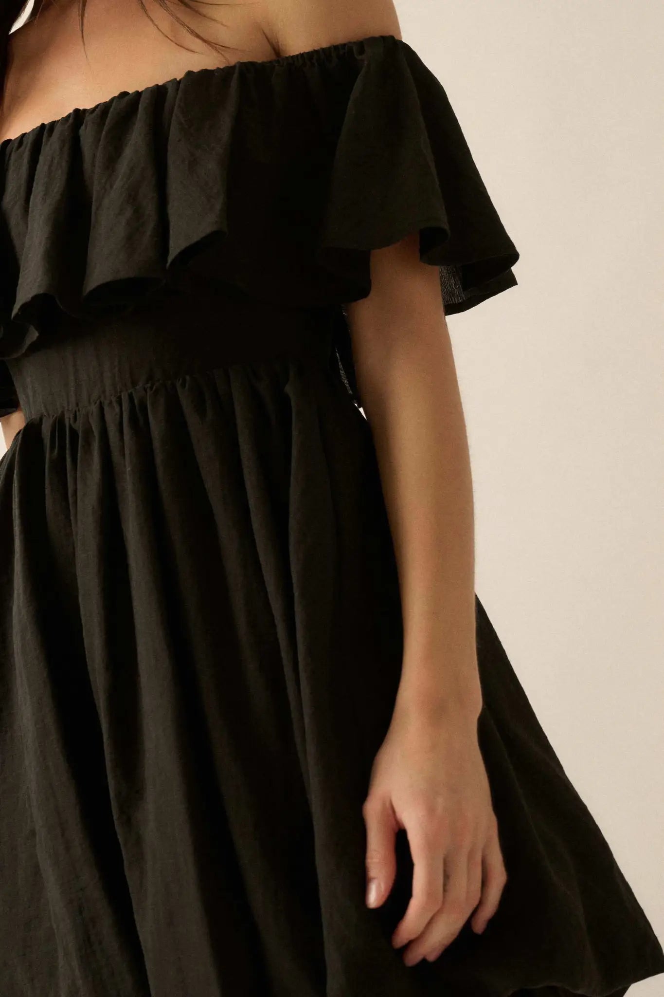 Natural Wonder Off-Shoulder Flounce Mini Dress - ShopPromesa