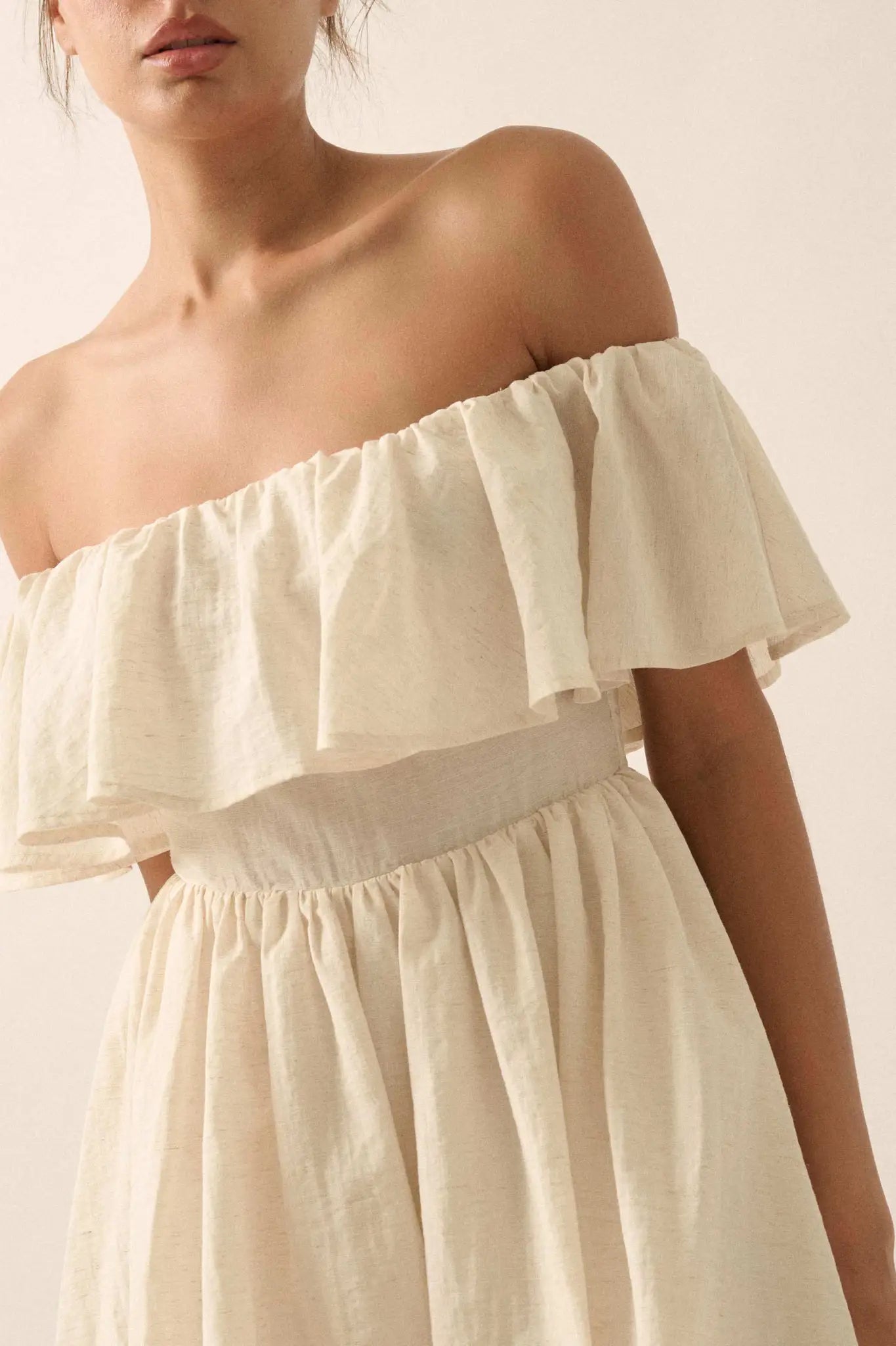 Natural Wonder Off-Shoulder Flounce Mini Dress - ShopPromesa