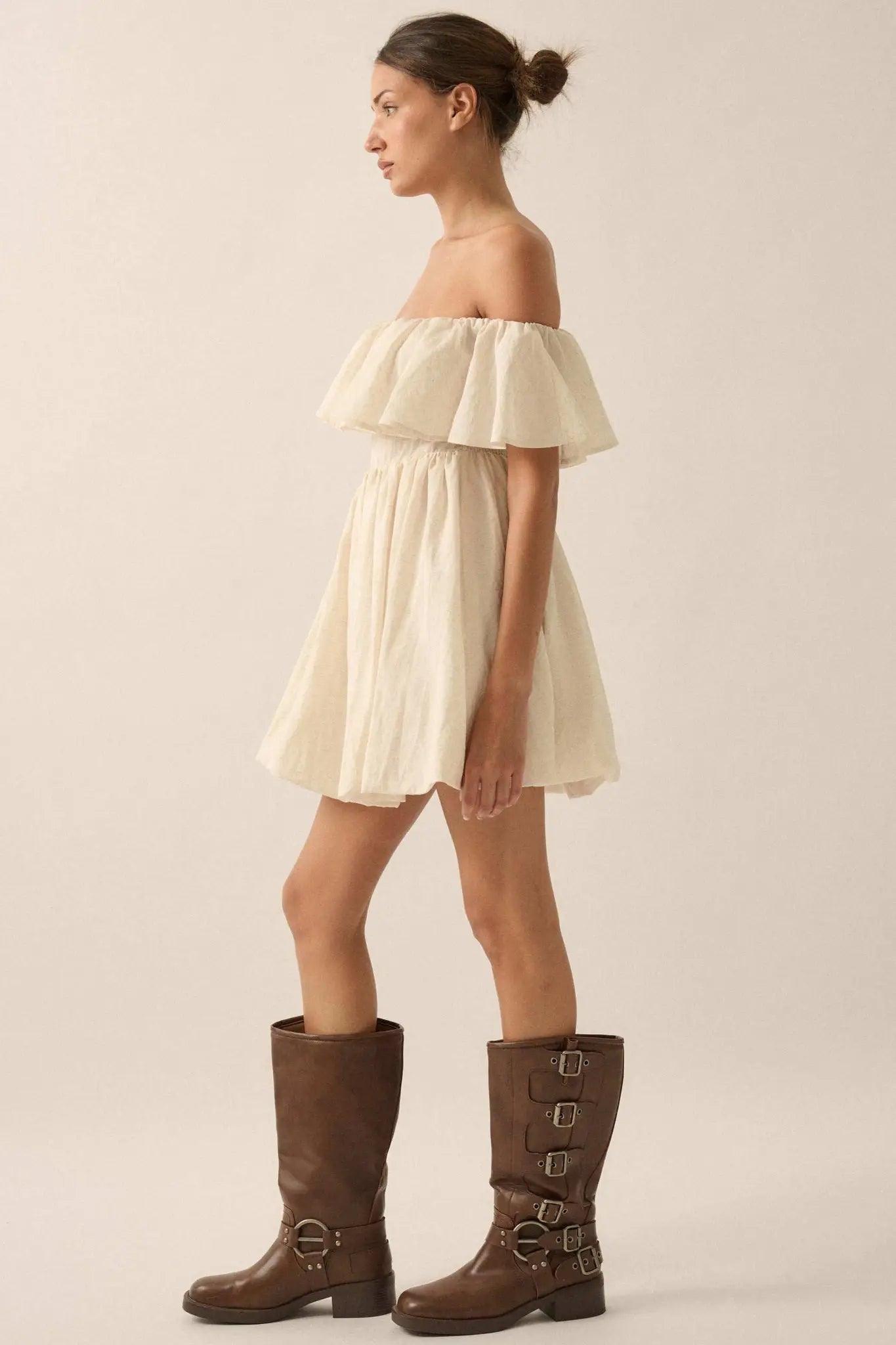Natural Wonder Off-Shoulder Flounce Mini Dress - ShopPromesa