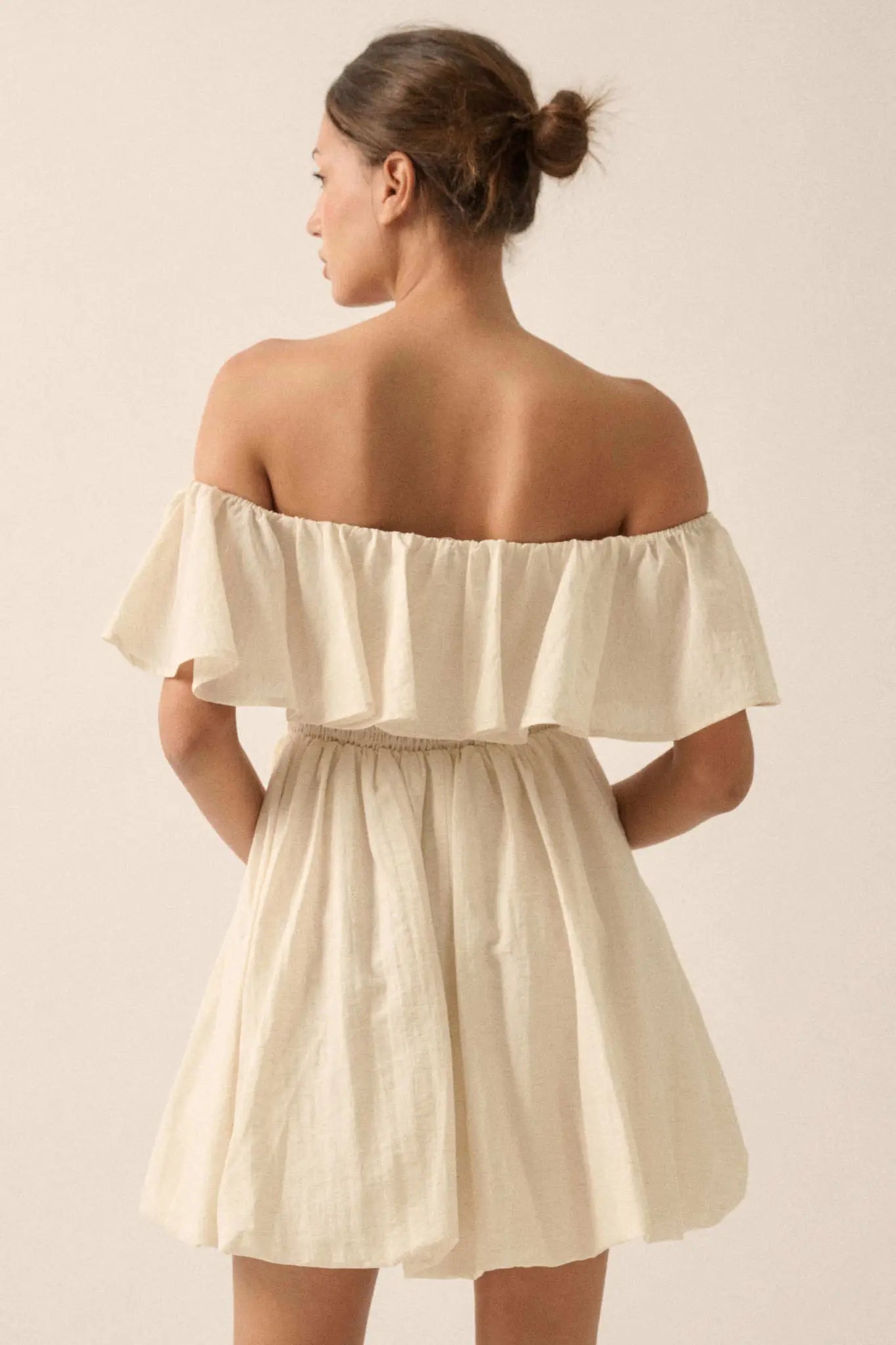 Natural Wonder Off-Shoulder Flounce Mini Dress - ShopPromesa