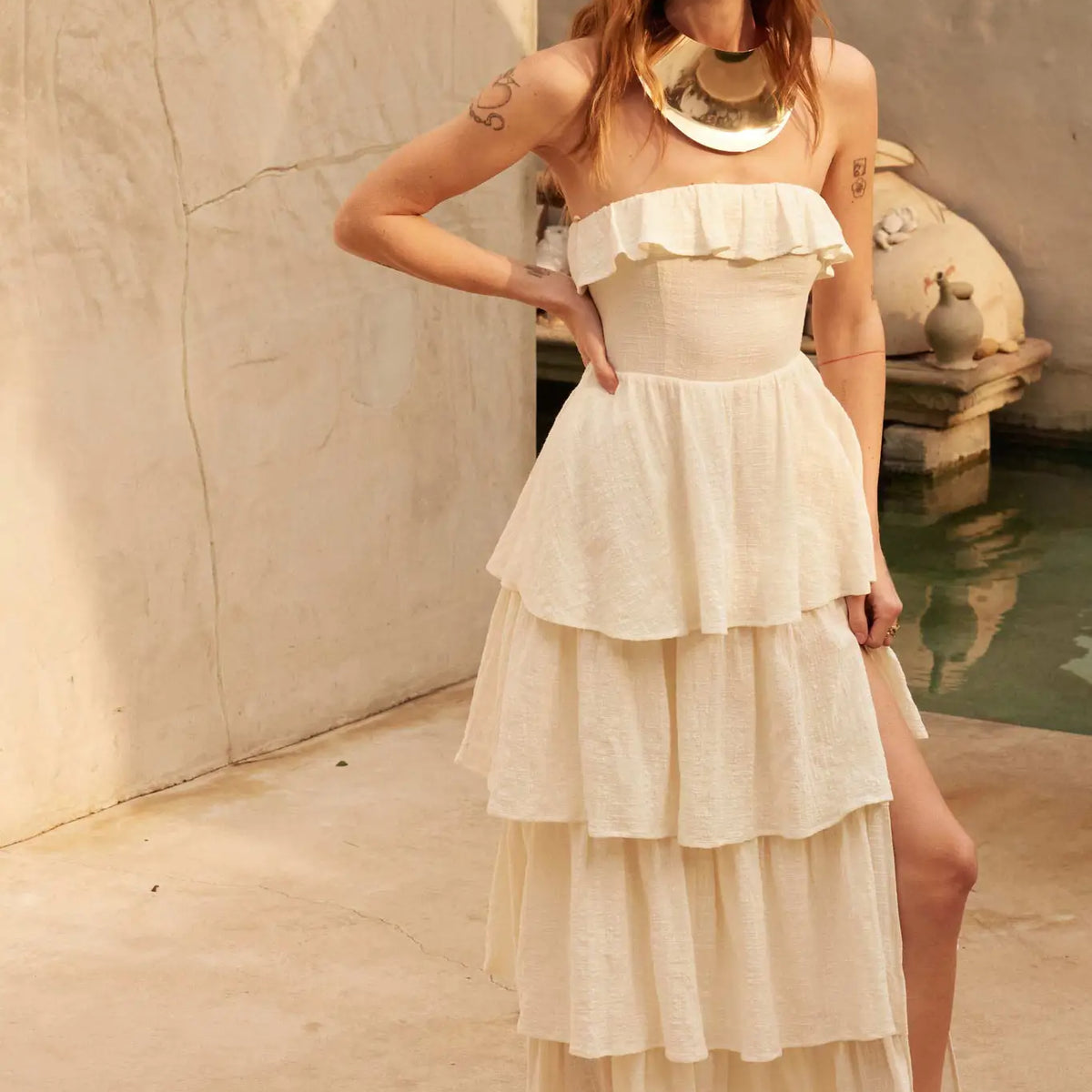 maxi tiered ruffle dress Tiers in Heaven Strapless Tiered Ruffle Maxi Dress, Cream / M