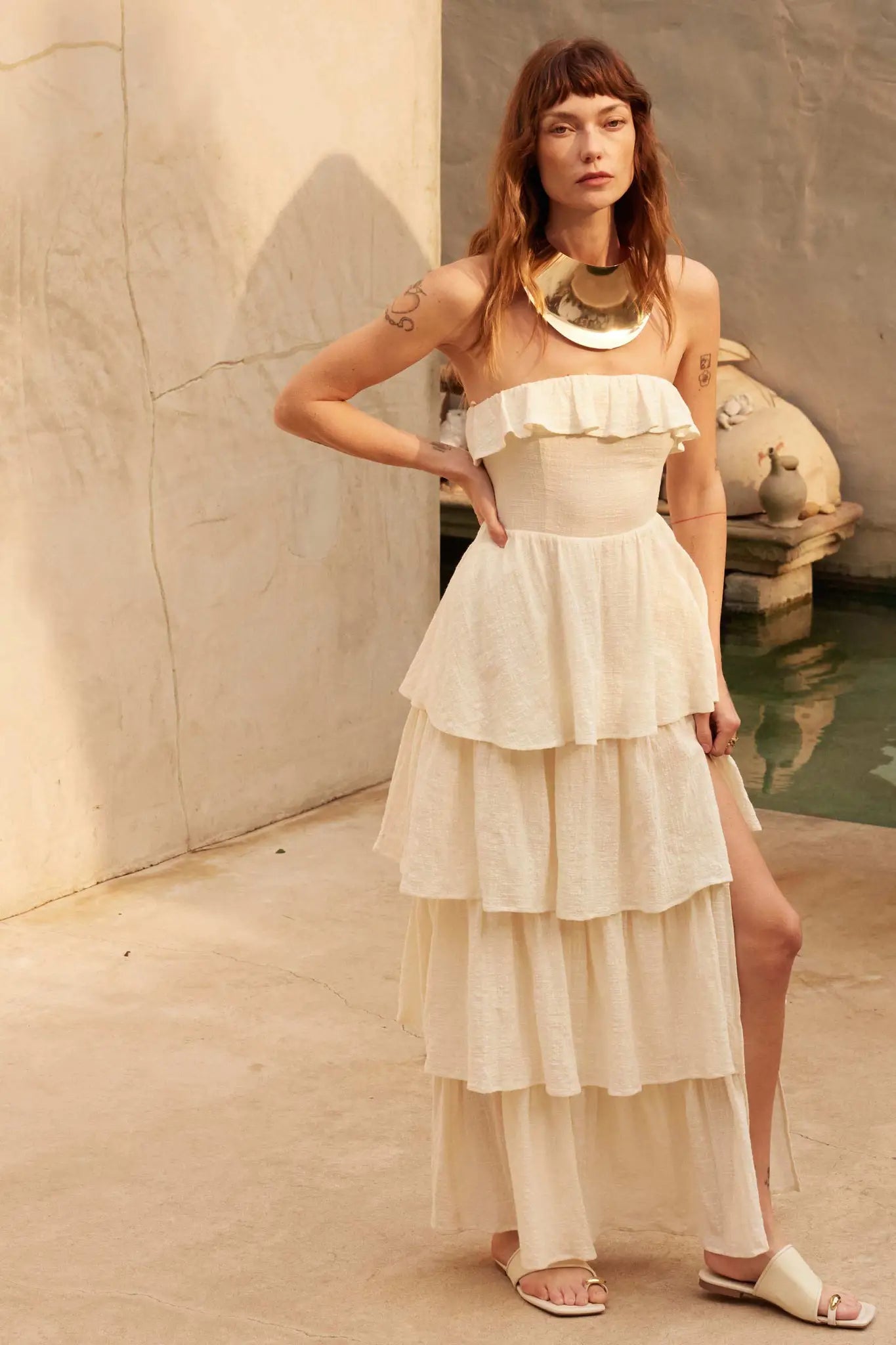 Tiers in Heaven Strapless Tiered Ruffle Maxi Dress, Sand / M