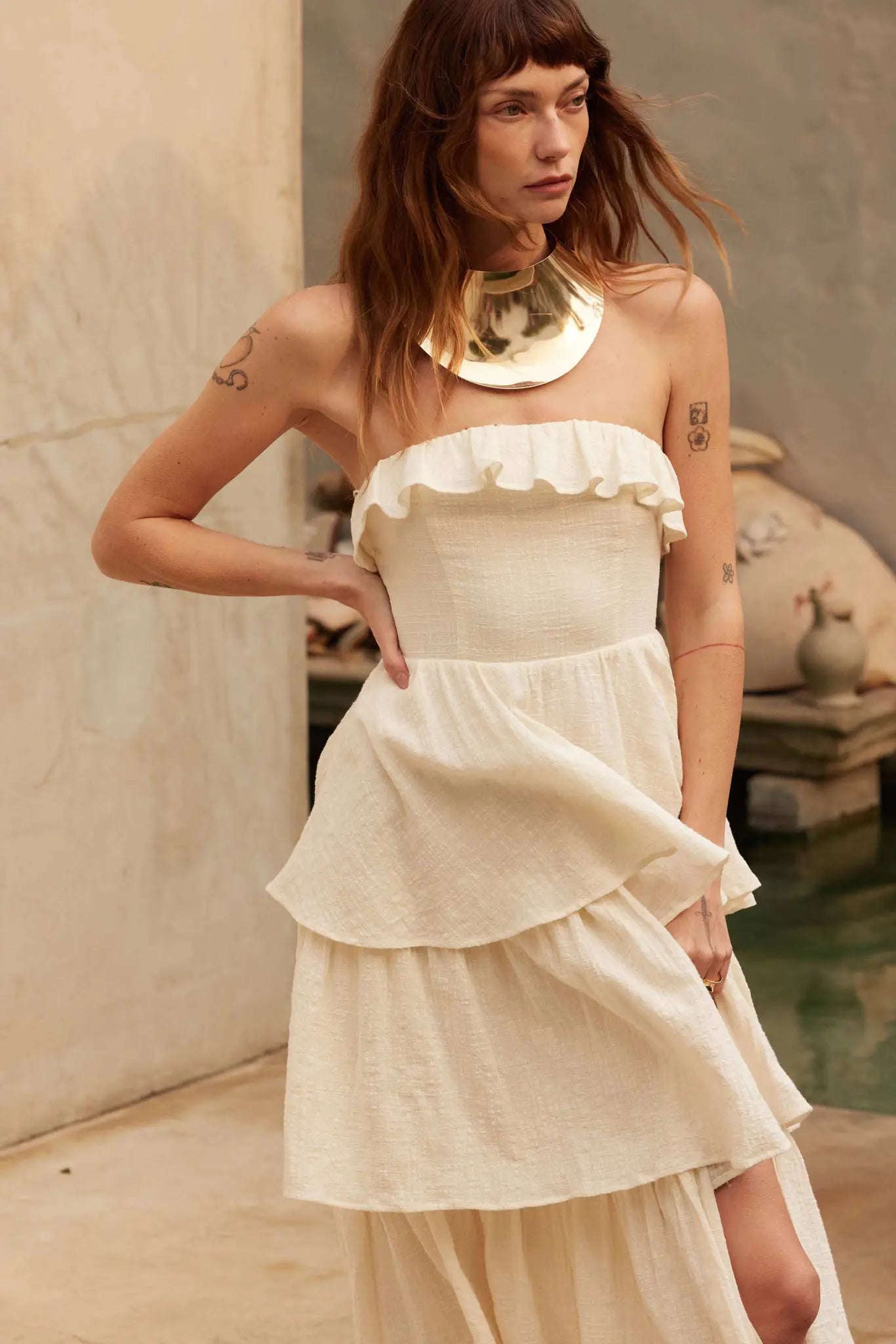 Textured Cotton Strapless Tiered Ruffle Maxi Dress Sand / M Textured Cotton Strapless Tiered Ruffle Maxi Dress Sand / M