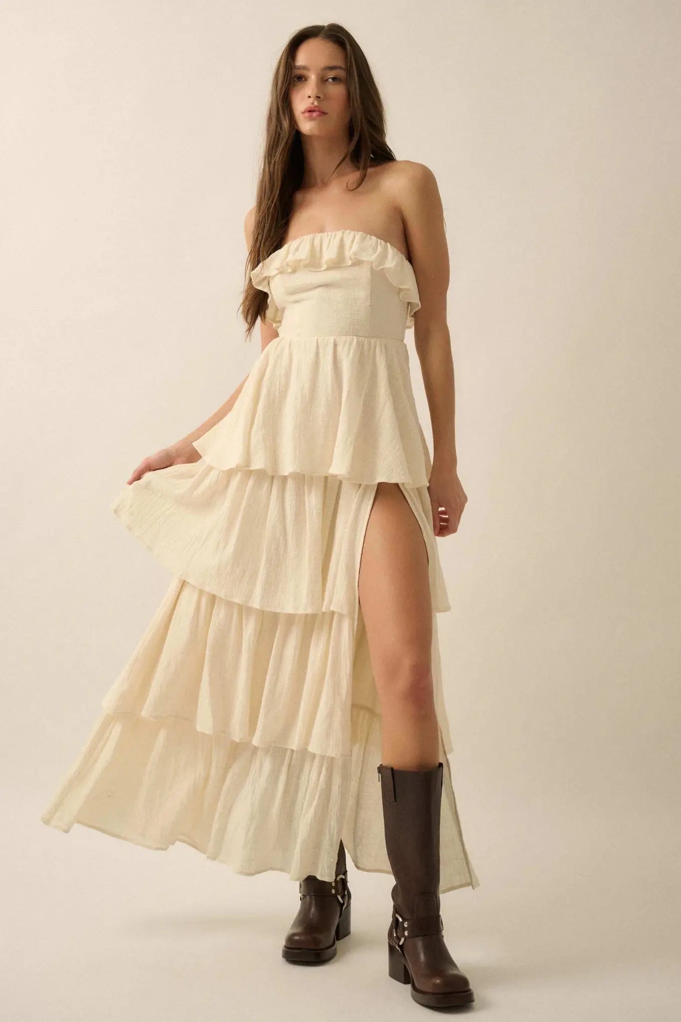 strapless tiered ruffle dress Textured Cotton Strapless Tiered Ruffle Maxi Dress Sand / M