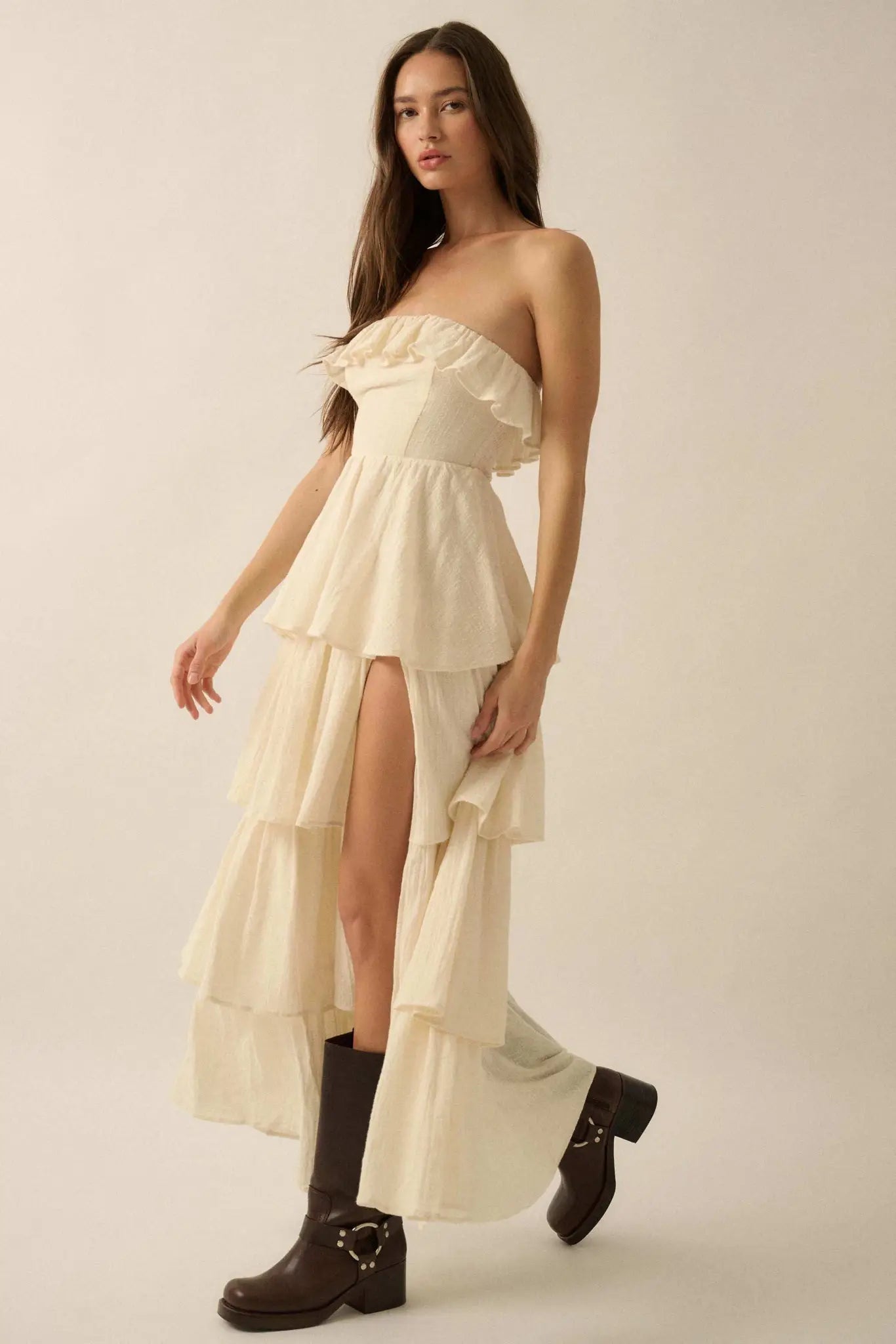 strapless ruffle maxi dress Textured Cotton Strapless Tiered Ruffle Maxi Dress Sand / M