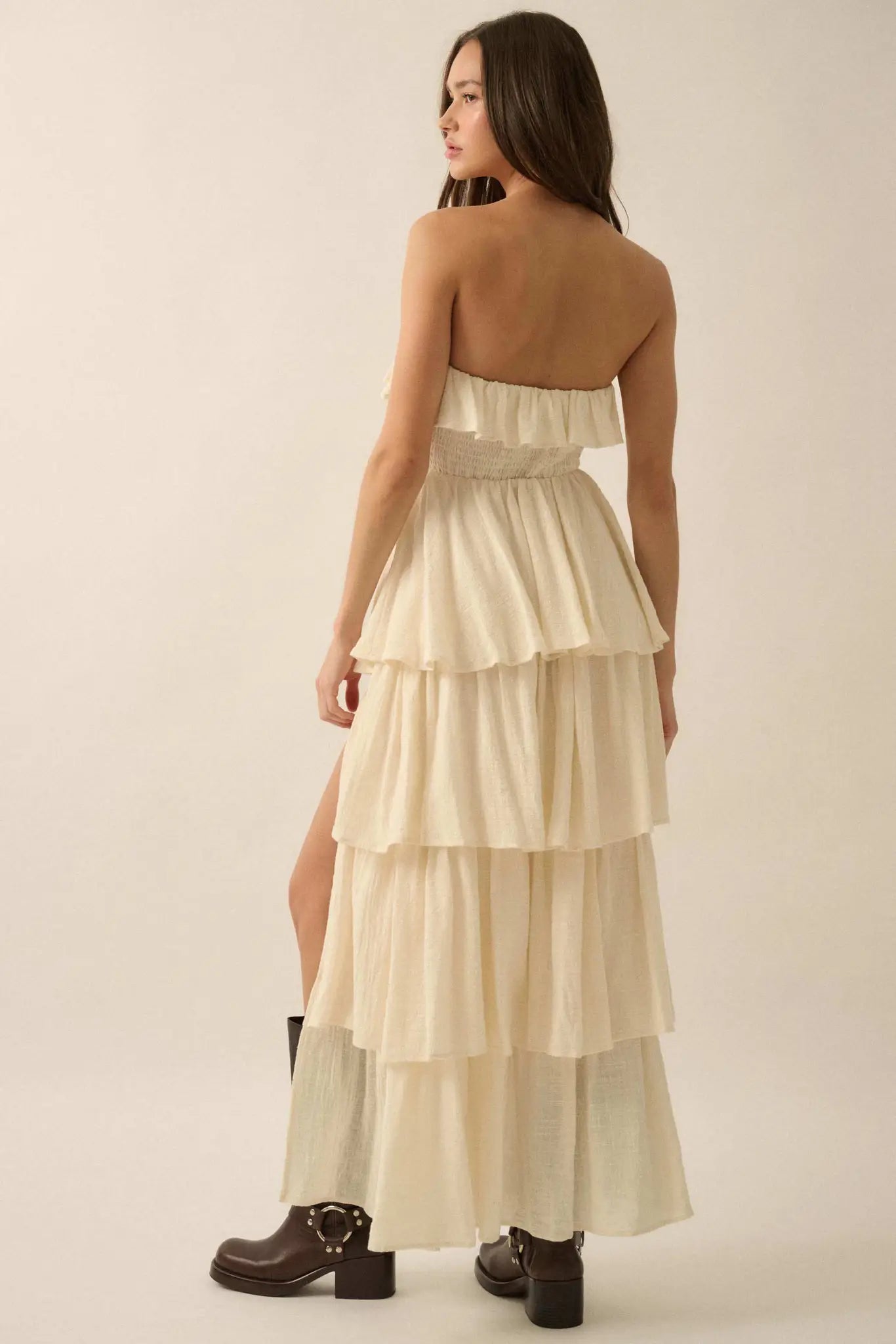 Tiers in Heaven Strapless Tiered Ruffle Maxi Dress Sand / M Tiers in Heaven Strapless Tiered Ruffle Maxi Dress Sand / M