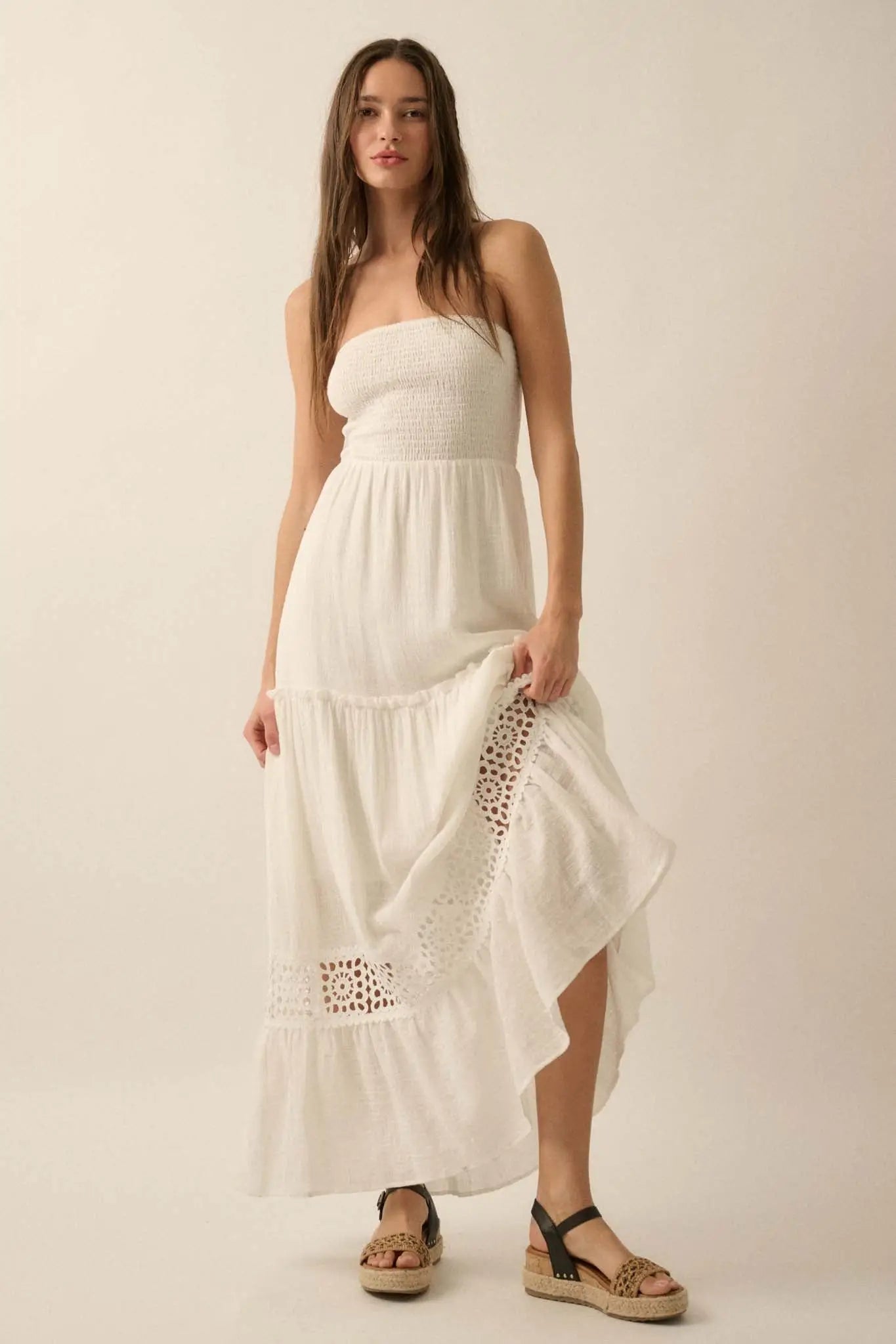 Free at Heart Lace-Inset Strapless Maxi Dress Off White / M Free at Heart Lace-Inset Strapless Maxi Dress Off White / M