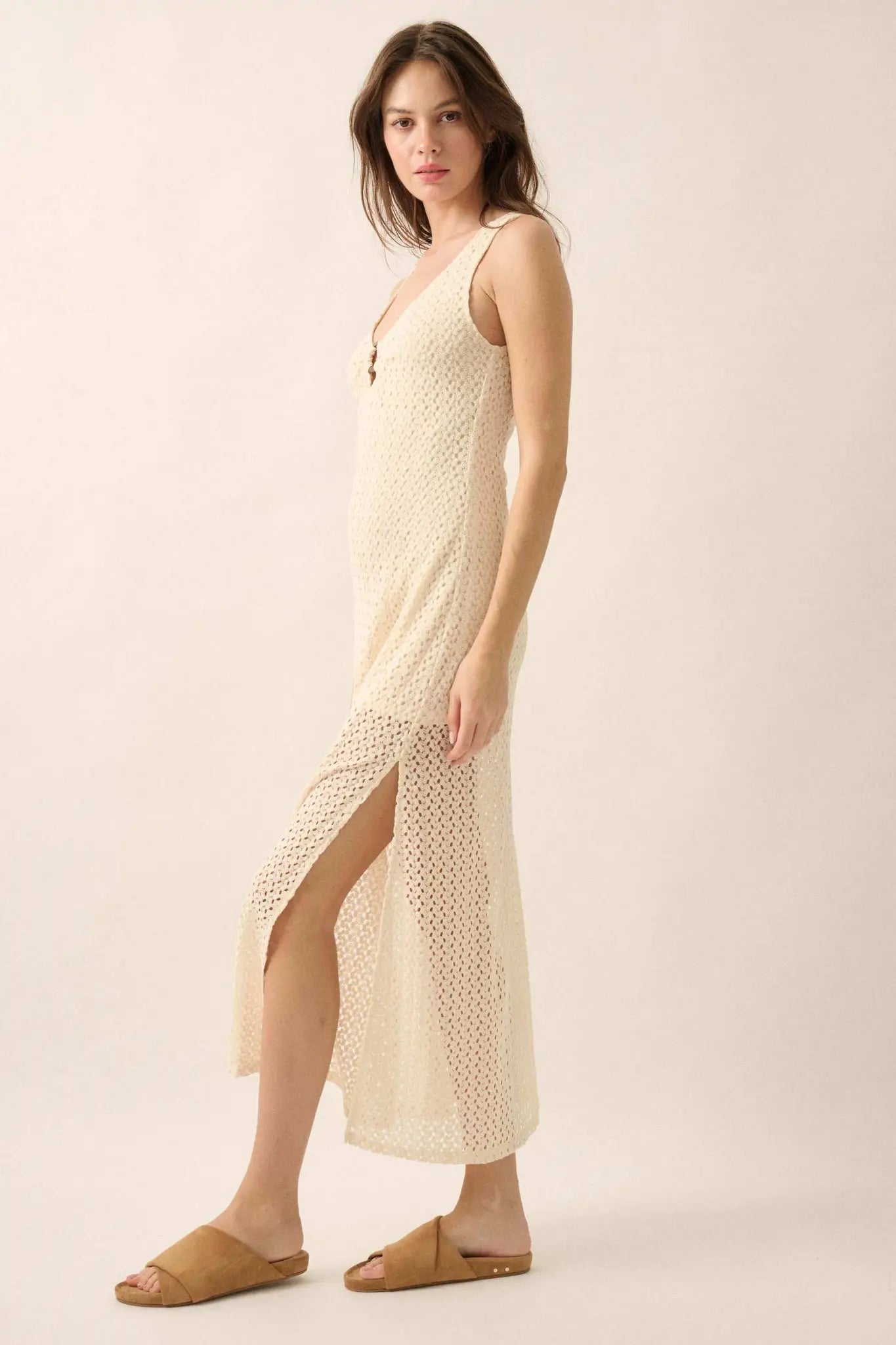 crochet o ring dress Miss Selfridge knit crochet o ring long sleeve maxi dress in cream