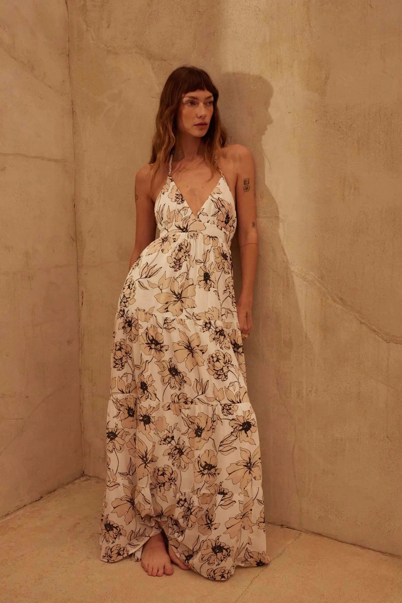 Blown Away Floral Crepe Tiered Halter Maxi Dress Off White & Sand / L Blown Away Floral Crepe Tiered Halter Maxi Dress Off White & Sand / L