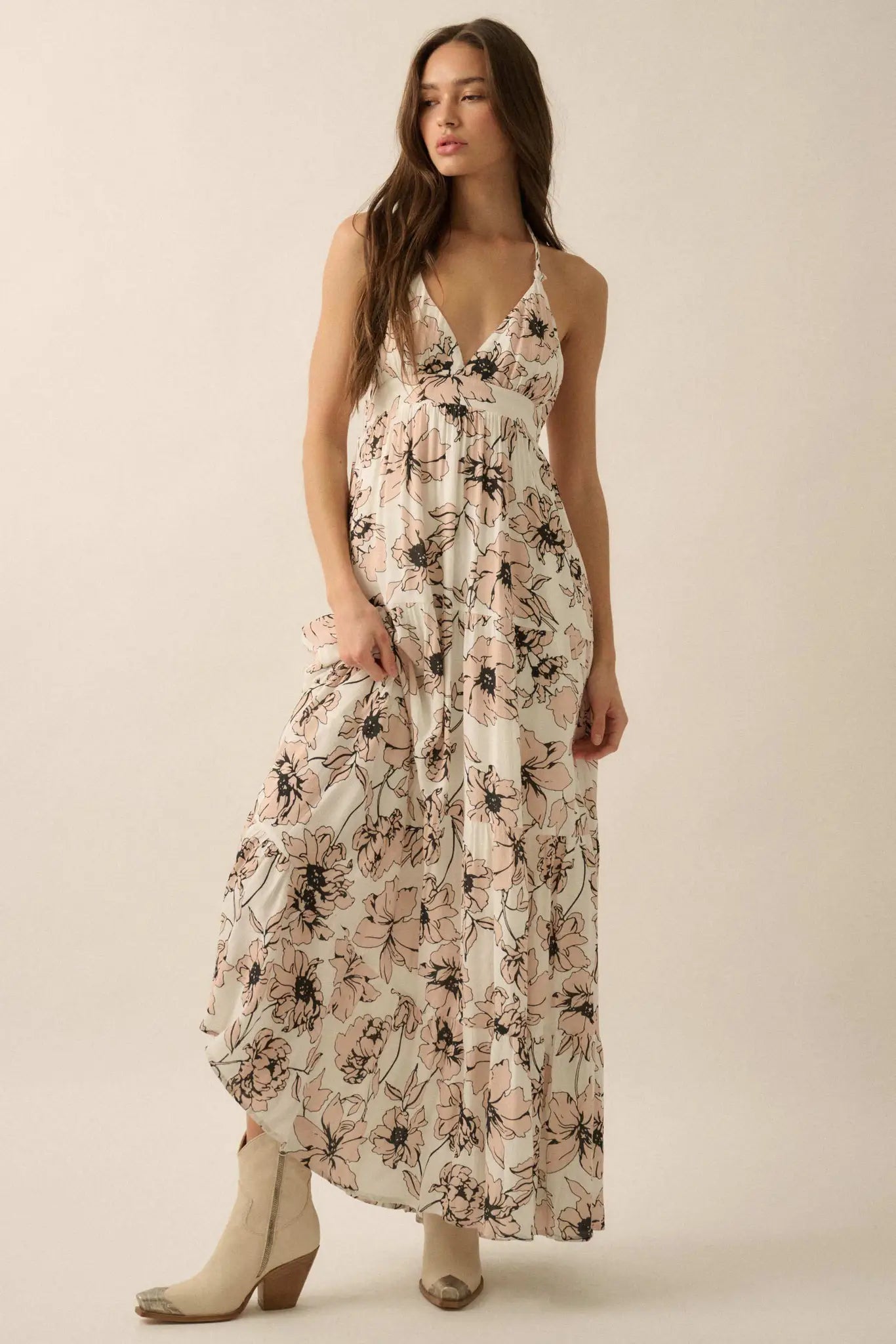 Blown Away Floral Crepe Tiered Halter Maxi Dress Off White & Sand / S Blown Away Floral Crepe Tiered Halter Maxi Dress Off White & Sand / S