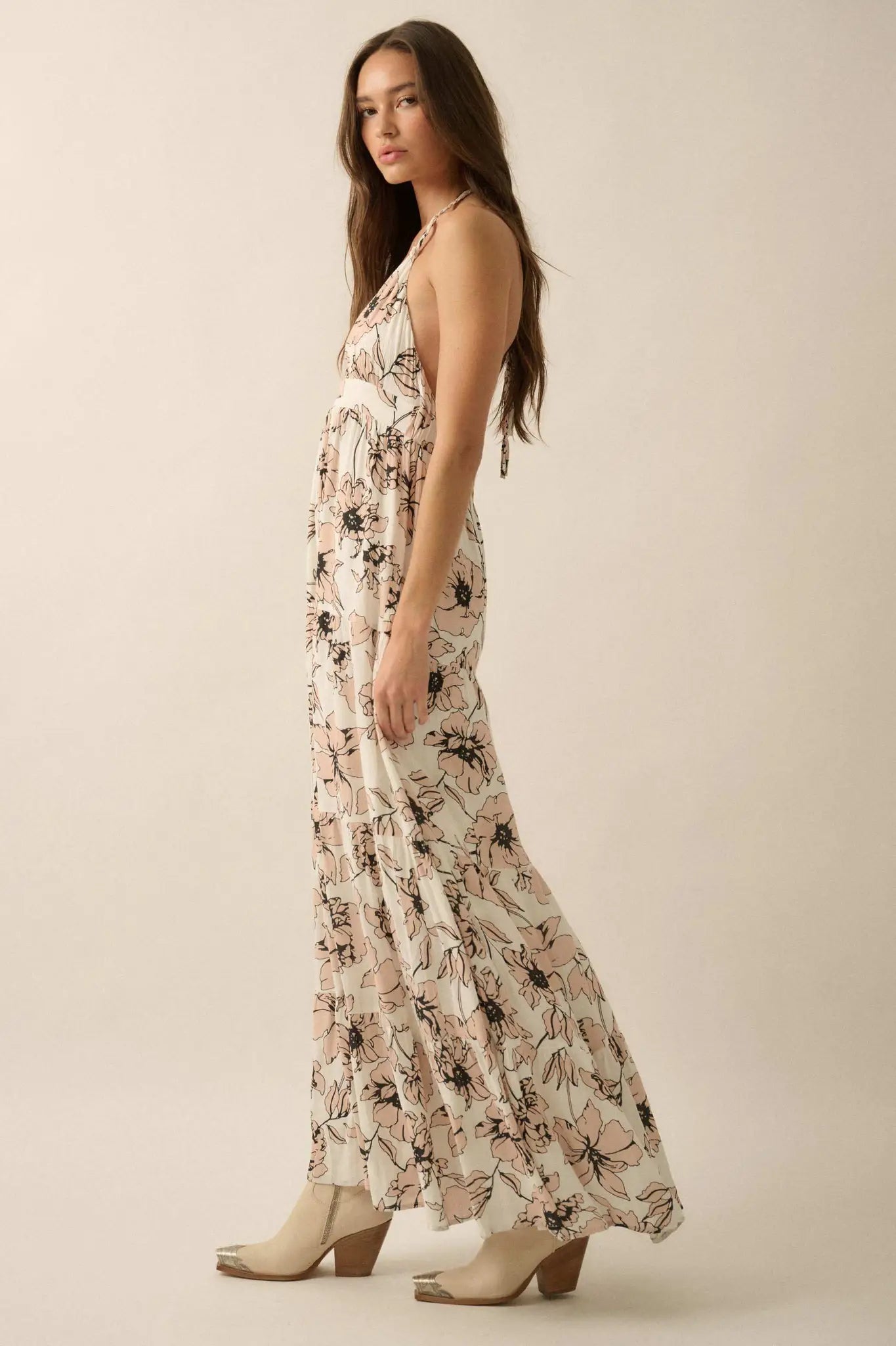 off white floral tiered halter maxi dress Yours Curve Natural London Tiered Maxi Dress FR 54 (EU 52) Womens