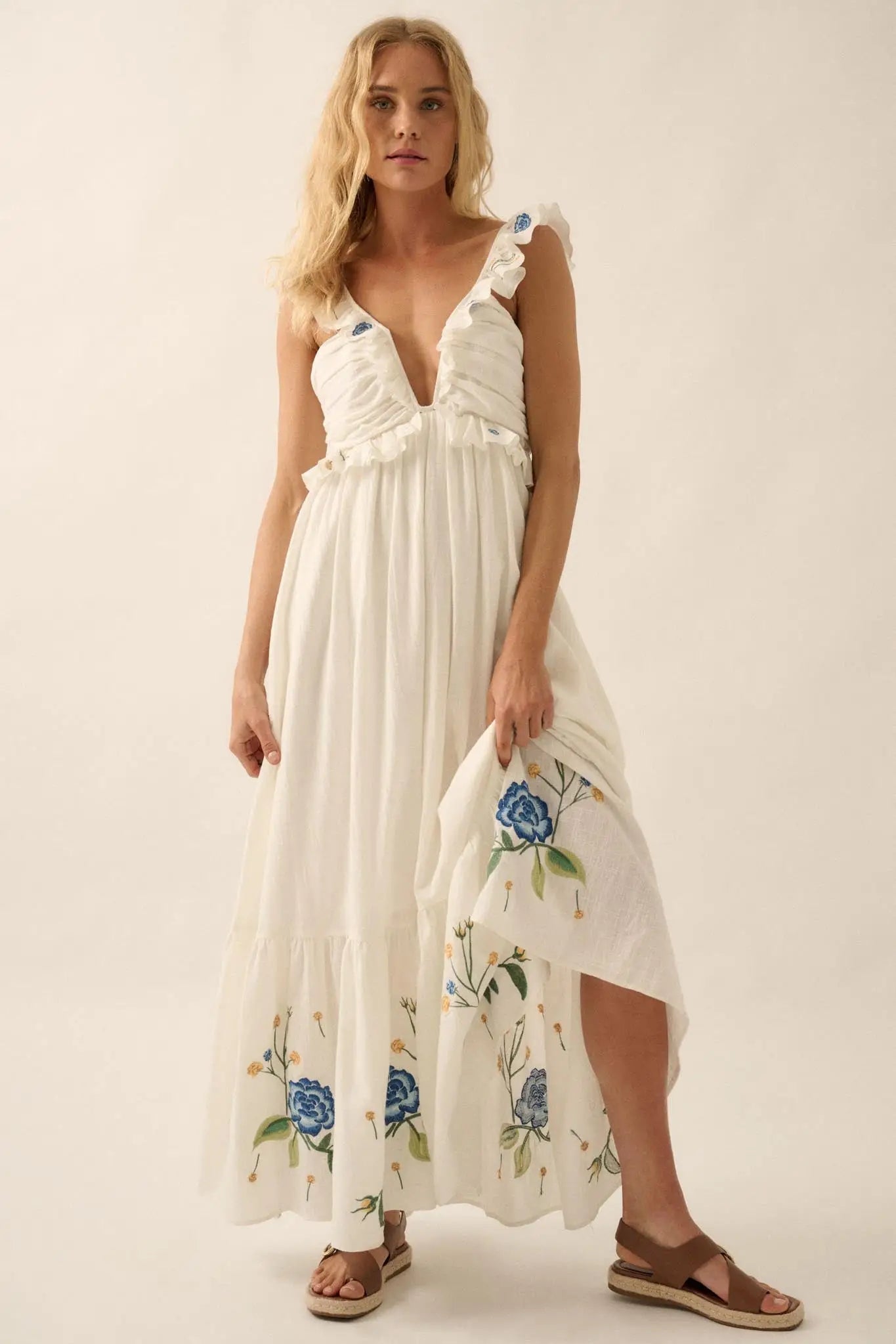 Embroidered Blossoms Ruffled Cotton Maxi Dress Embroidered Blossoms Ruffled Cotton Maxi Dress