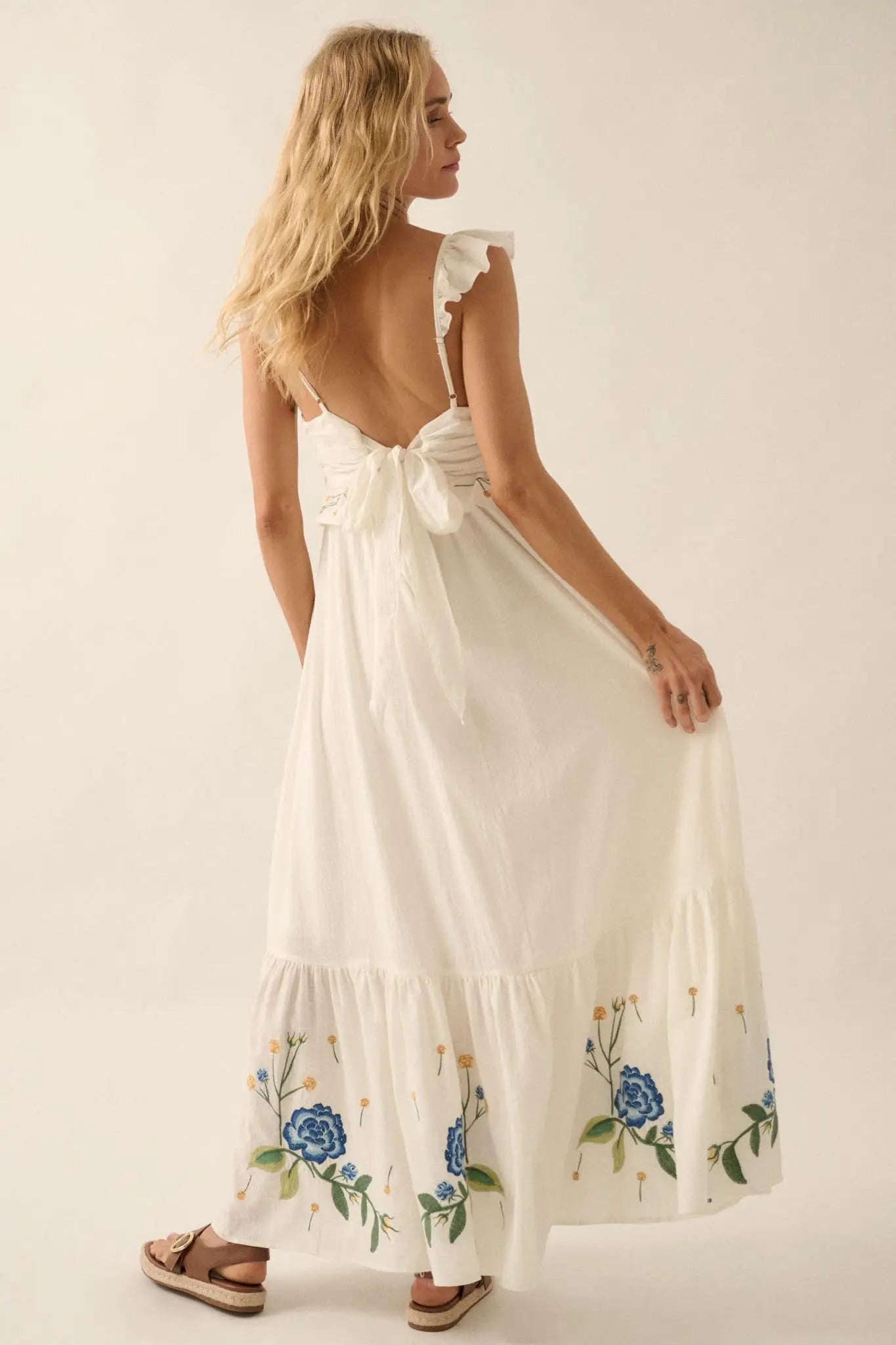 Embroidered Blossoms Ruffled Cotton Maxi Dress Embroidered Blossoms Ruffled Cotton Maxi Dress