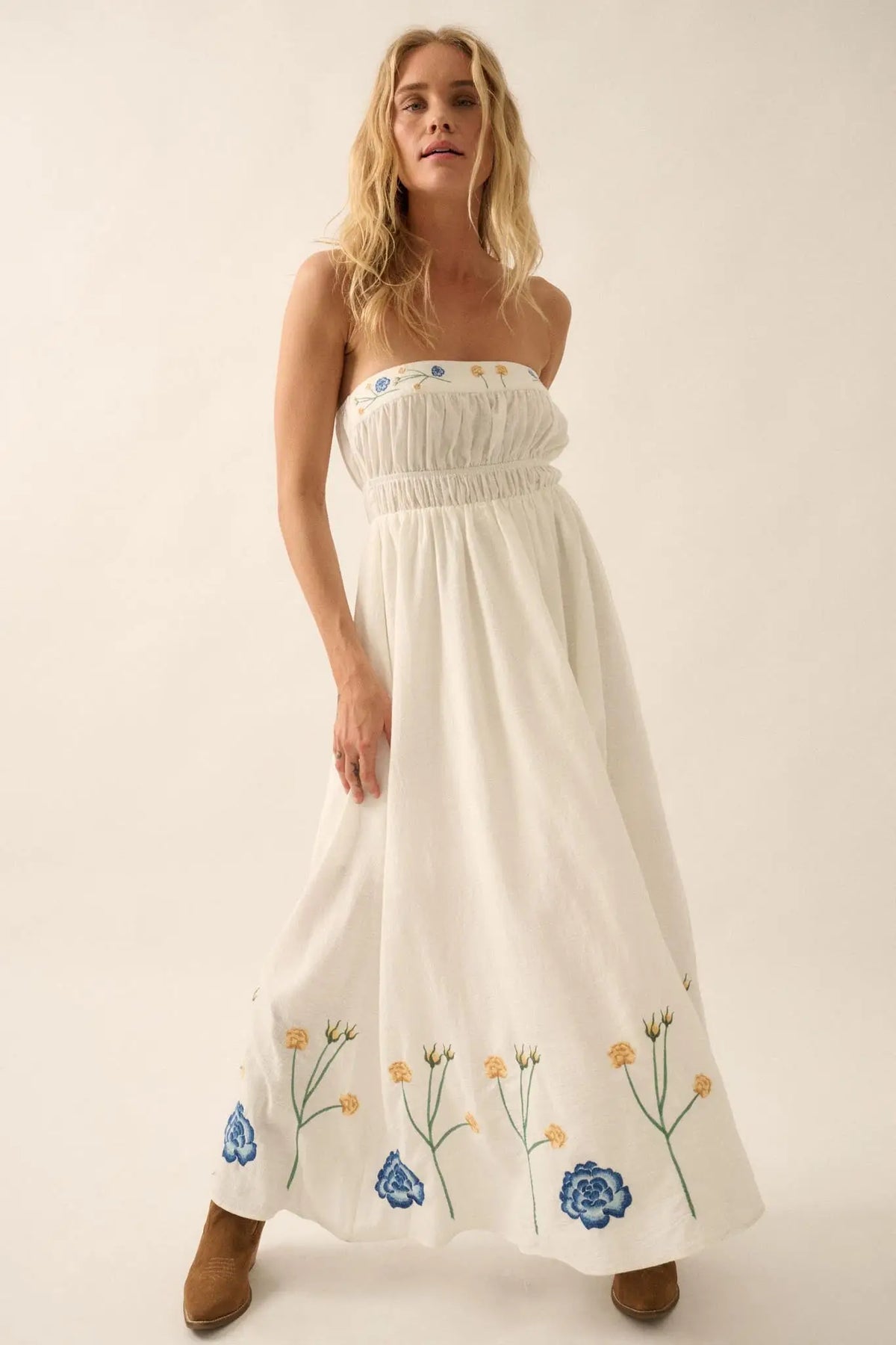 Stitched Stems Embroidered Strapless Maxi Dress
