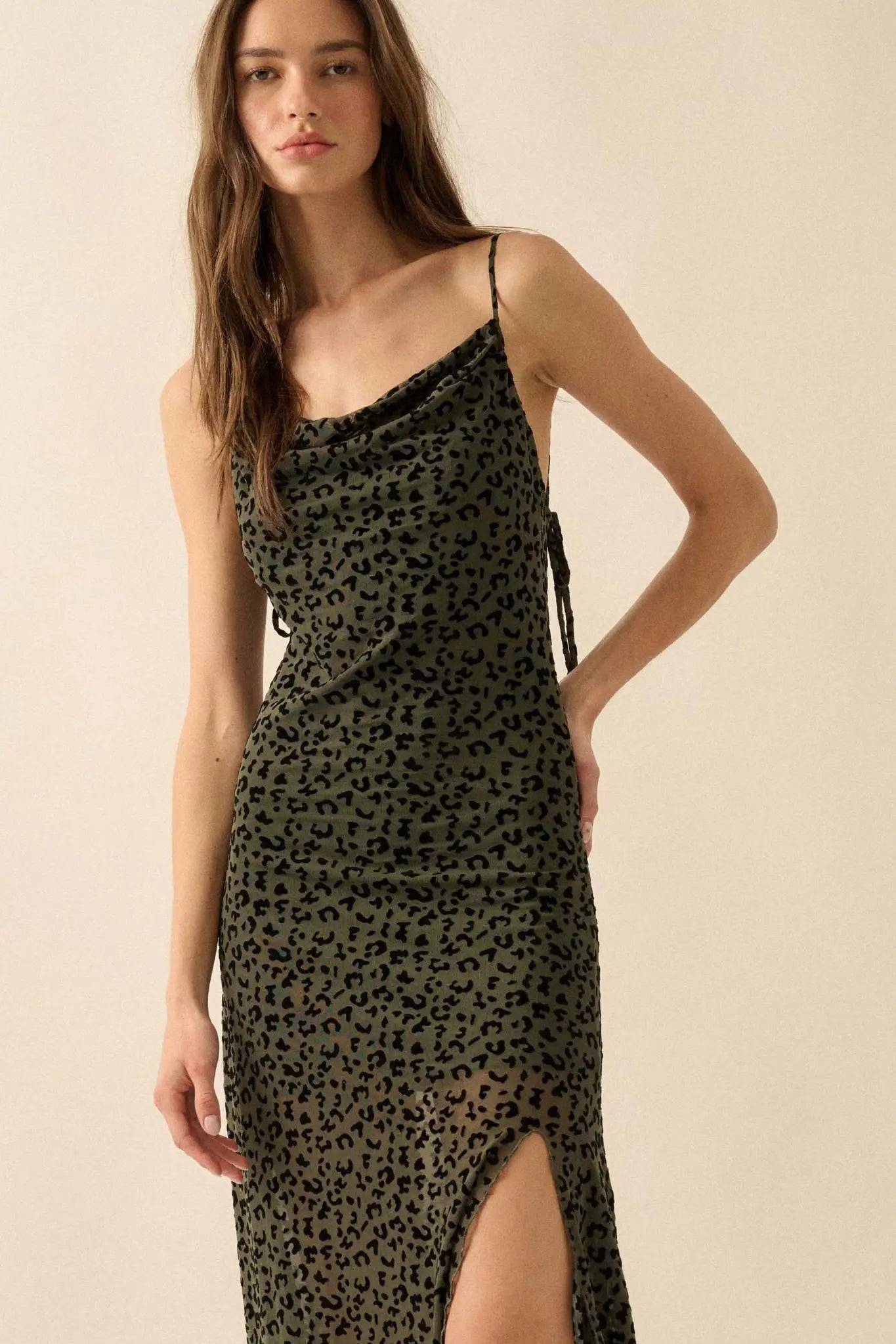 Wild Romance Leopard Mesh Cowl-Neck Maxi Dress Olive / S Wild Romance Leopard Mesh Cowl-Neck Maxi Dress Olive / S