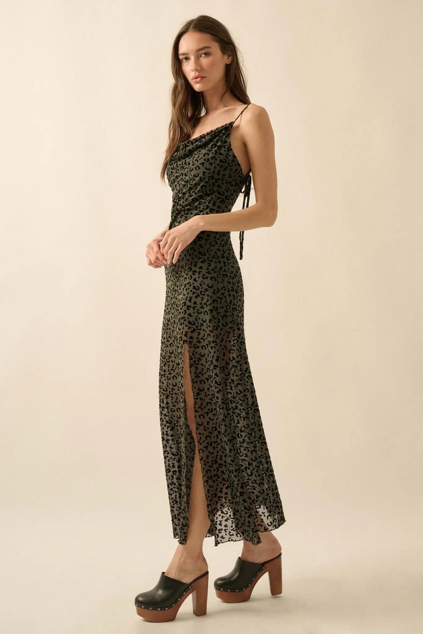 Wild Romance Leopard Mesh Cowl-Neck Maxi Dress Olive / S Wild Romance Leopard Mesh Cowl-Neck Maxi Dress Olive / S