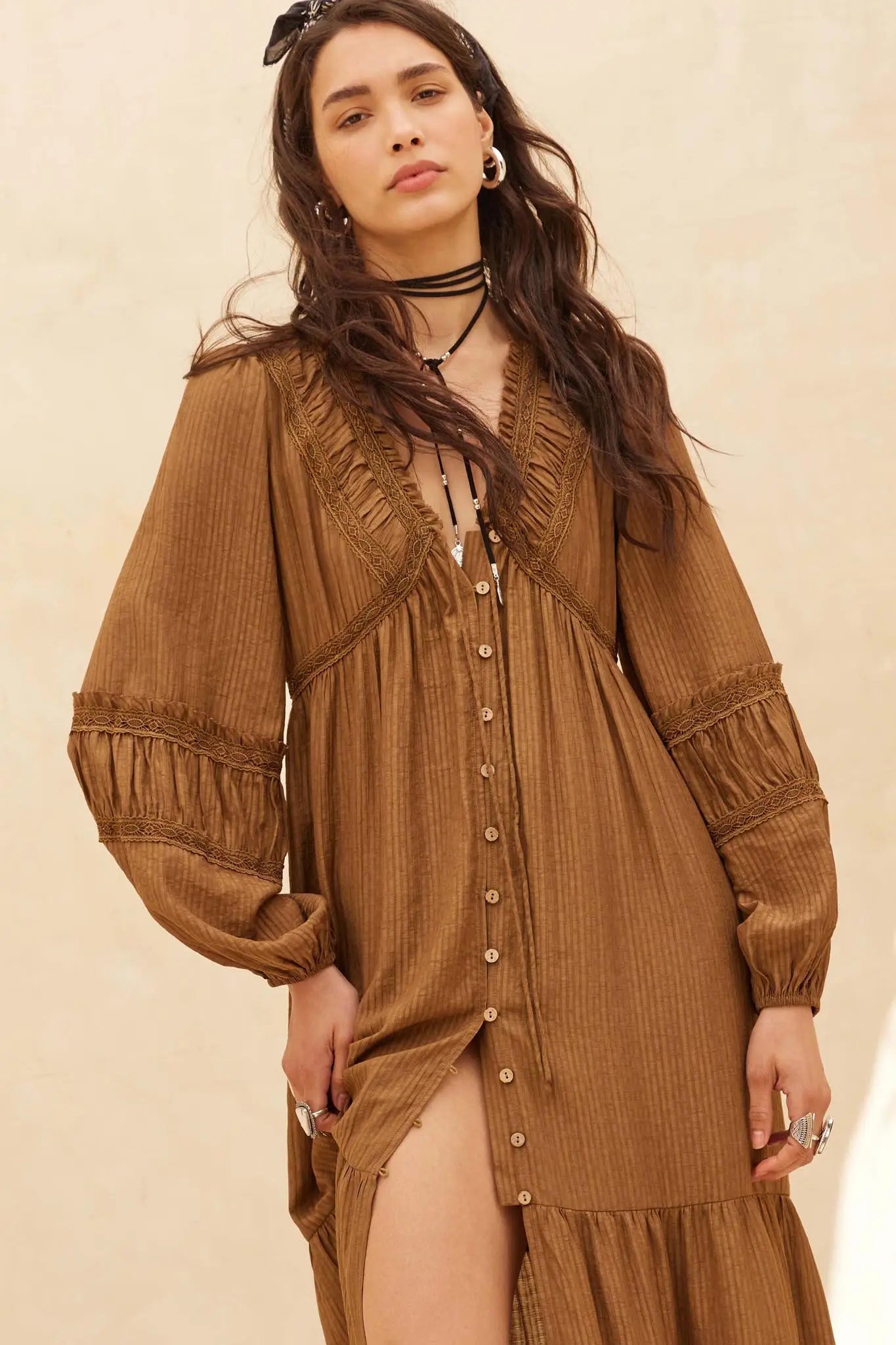 Love Abounds Button-Up Balloon-Sleeve Maxi Dress - Chocolate S Love Abounds Button-Up Balloon-Sleeve Maxi Dress - Chocolate S