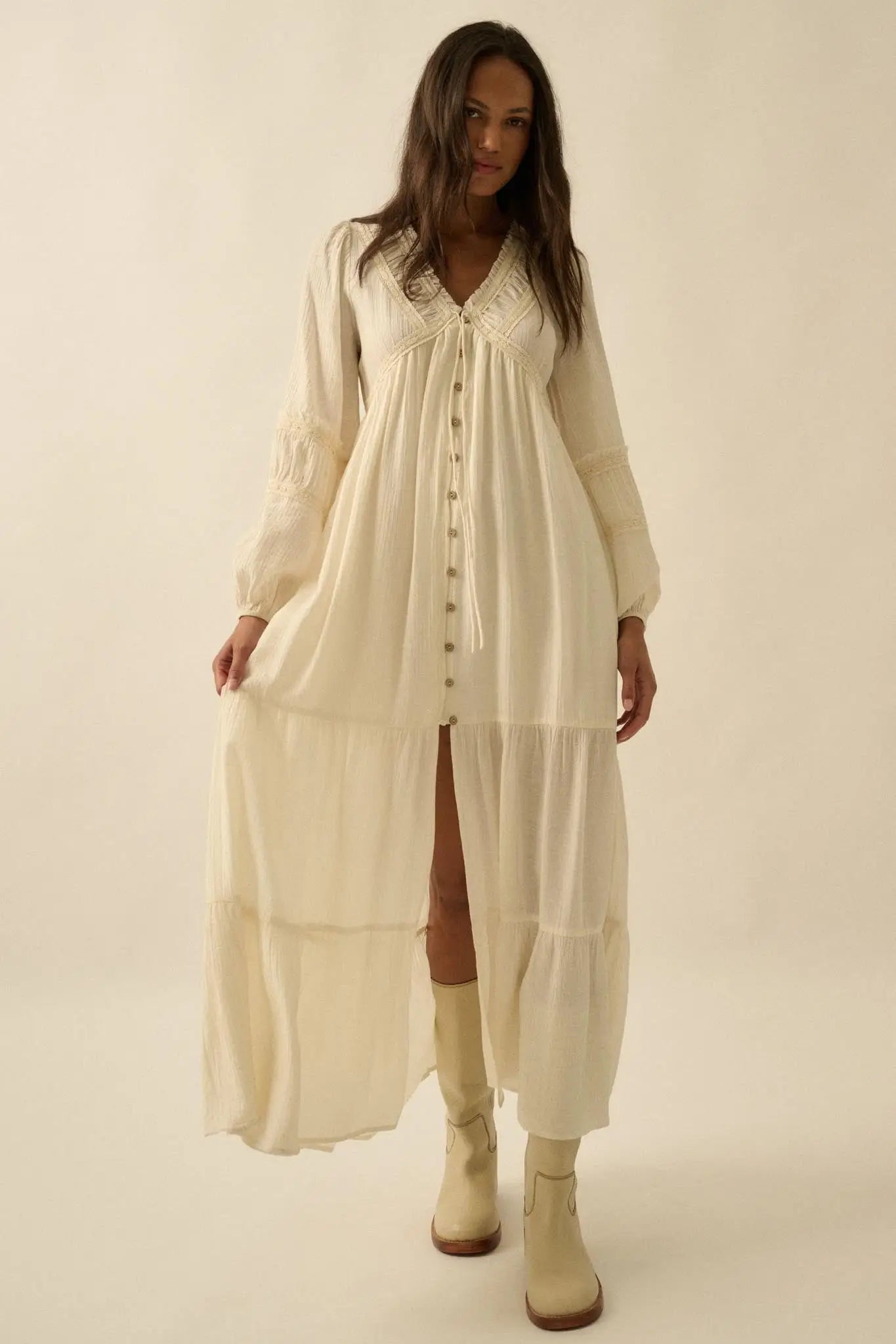 Love Abounds Button-Up Balloon-Sleeve Maxi Dress Chocolate / S