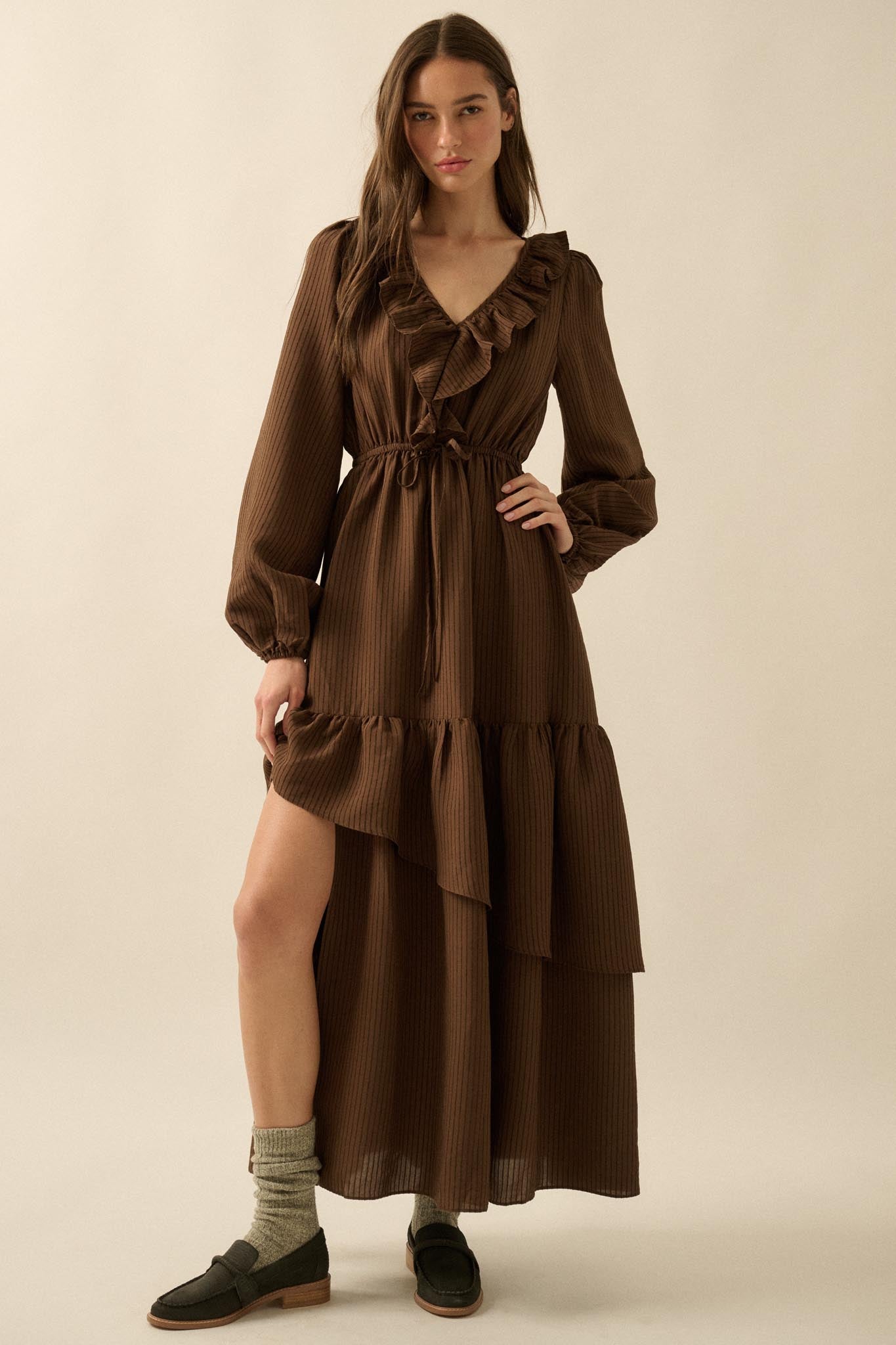 Longing for Love Ruffled Peasant Maxi Dress Chocolate / S Longing for Love Ruffled Peasant Maxi Dress Chocolate / S
