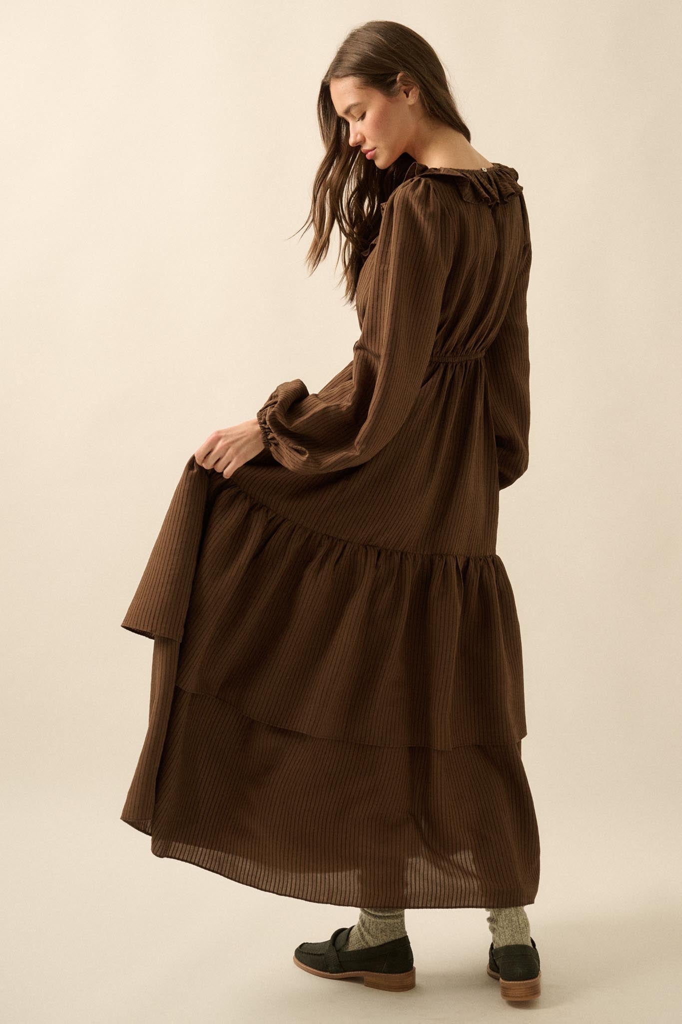 peasant maxi dress Longing for Love Ruffled Peasant Maxi Dress Espresso / S