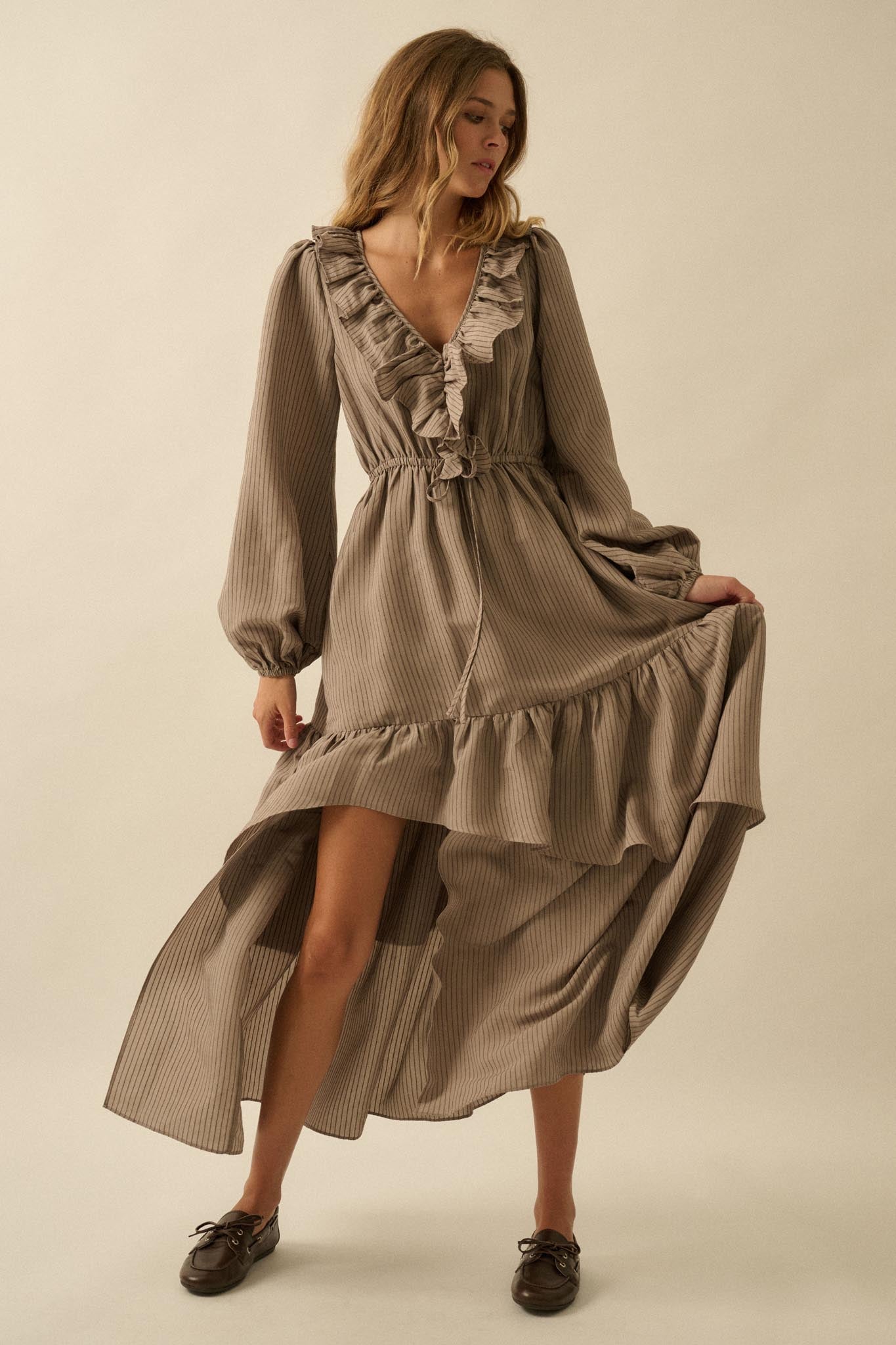 peasant maxi dress Longing for Love Ruffled Peasant Maxi Dress Espresso / S
