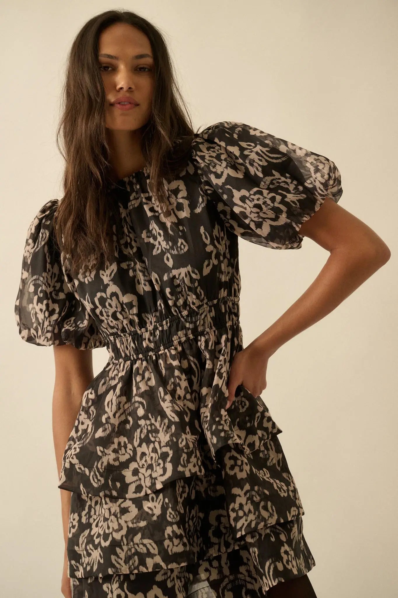 organza tiered mini dress Graceful Blooms Floral Organza Tiered Mini Dress Black & Sand / M
