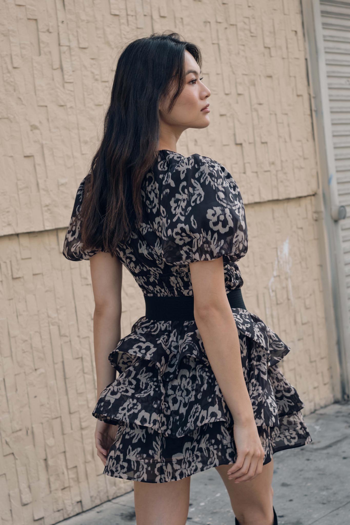 Graceful Blooms Floral Organza Tiered Mini Dress Black & Sand / M Graceful Blooms Floral Organza Tiered Mini Dress Black & Sand / M