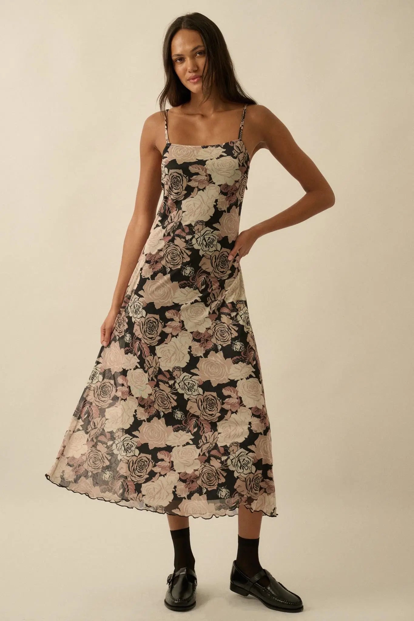 Moonlit Blossoms Floral Mesh Cami Midi Dress Moonlit Blossoms Floral Mesh Cami Midi Dress