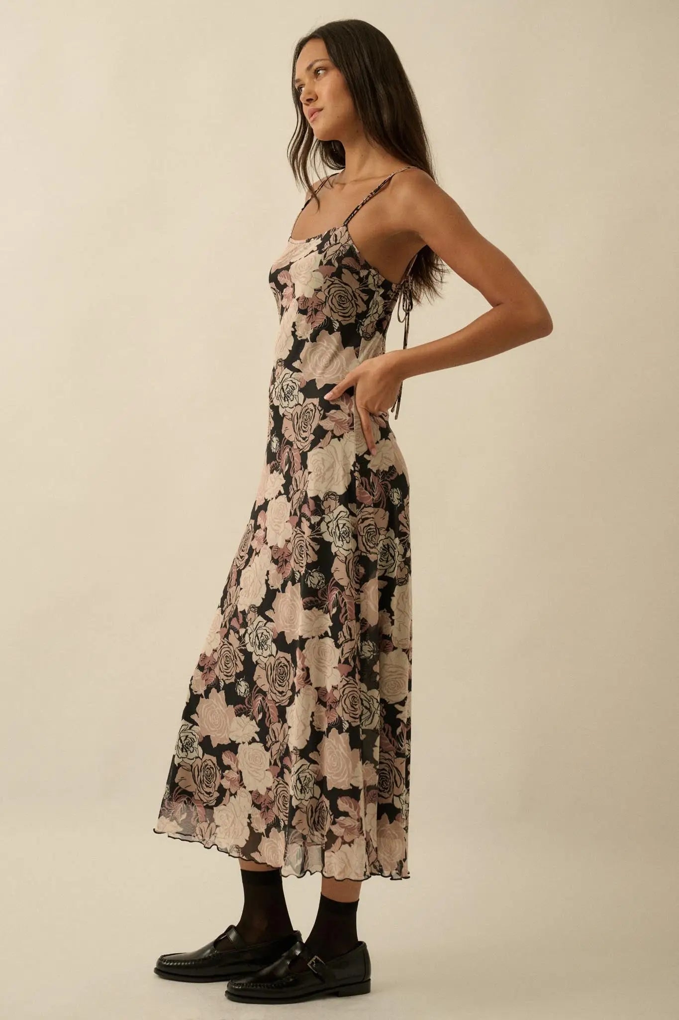 Moonlit Blossoms Floral Mesh Cami Midi Dress - ShopPromesa
