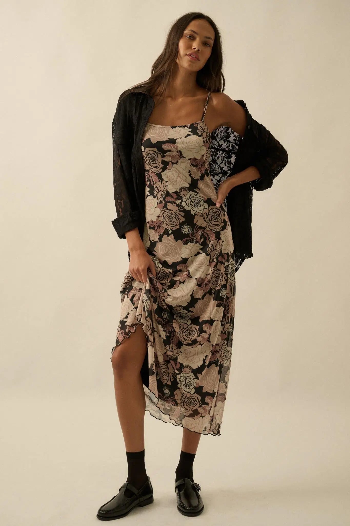 Moonlit Blossoms Floral Mesh Cami Midi Dress - ShopPromesa
