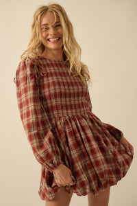 Together Again Plaid Detachable-Sleeve Mini Dress - ShopPromesa