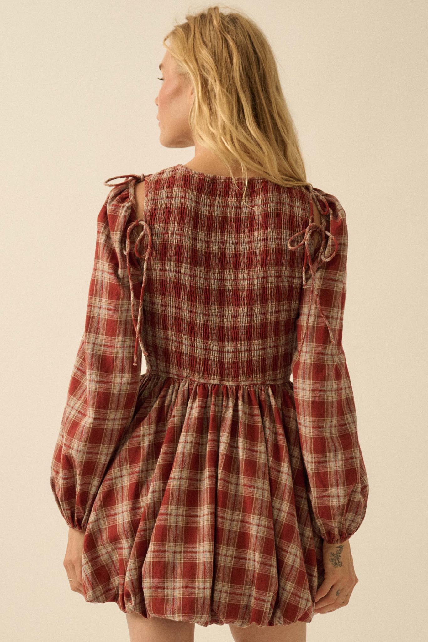 Together Again Plaid Detachable-Sleeve Mini Dress - ShopPromesa