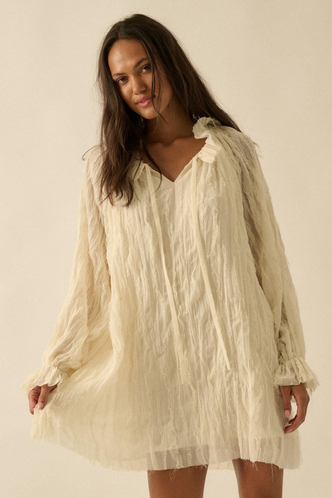 Gentle Whisper Raw-Edge Chiffon Ruffled Mini Dress - ShopPromesa