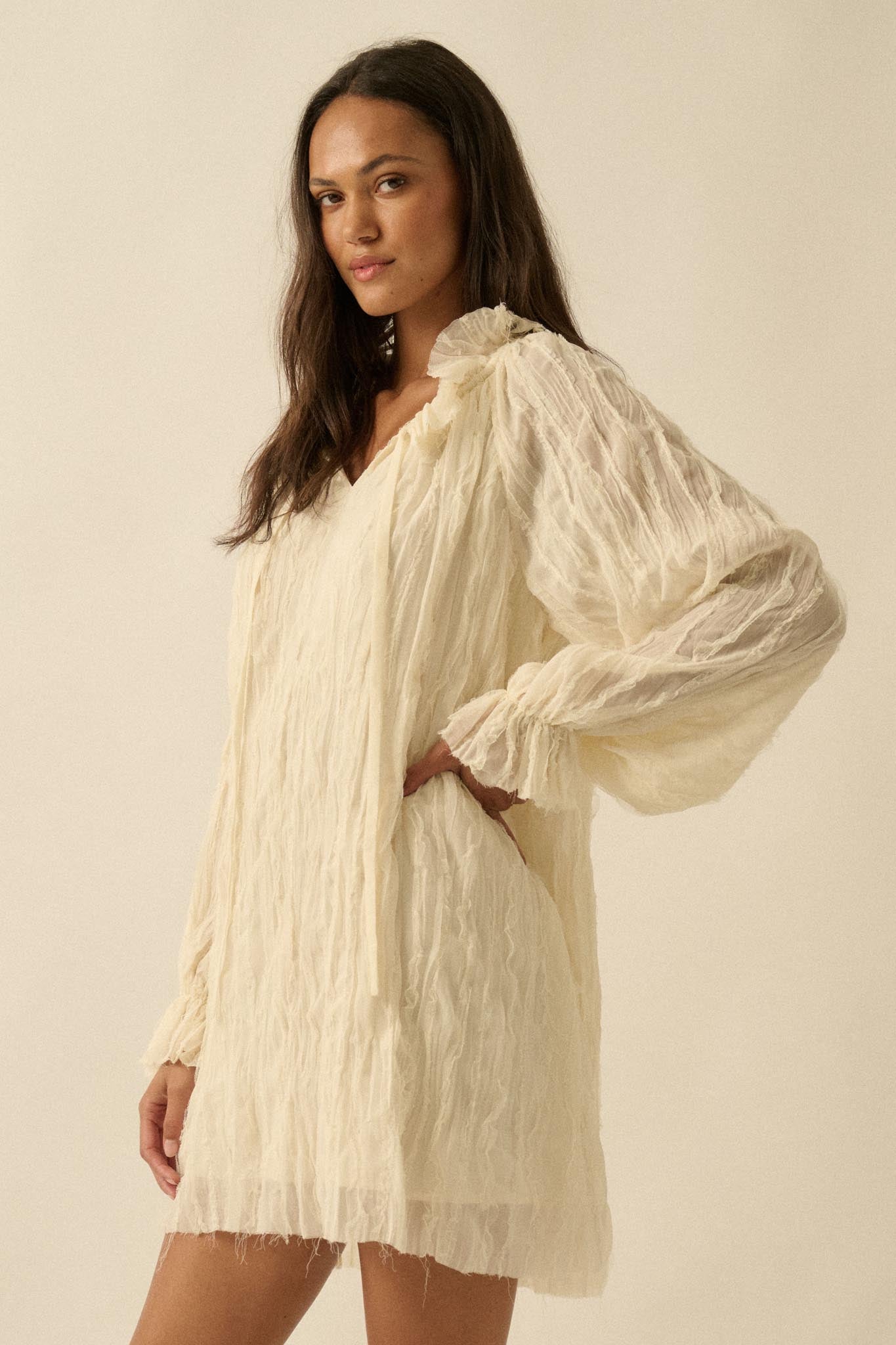 Gentle Whisper Raw-Edge Chiffon Ruffled Mini Dress - ShopPromesa