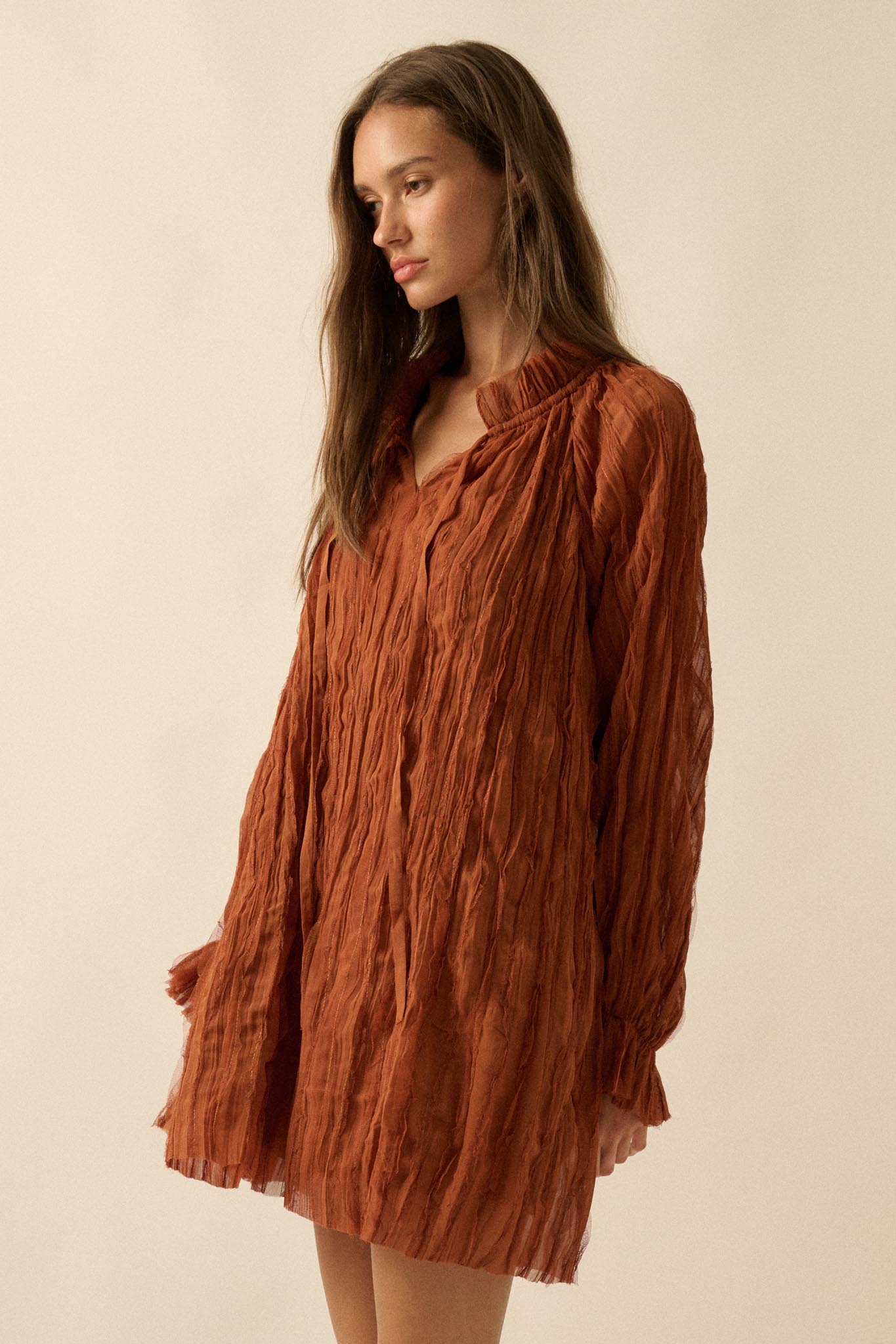 Gentle Whisper Raw-Edge Chiffon Ruffled Mini Dress Sunburn / L