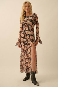 Festive Flowers Floral Mesh Bell-Sleeve Maxi Dress - ShopPromesa