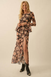 Festive Flowers Floral Mesh Bell-Sleeve Maxi Dress - ShopPromesa