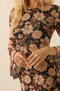 Festive Flowers Floral Mesh Bell-Sleeve Maxi Dress - ShopPromesa