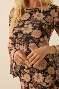 Festive Flowers Floral Mesh Bell-Sleeve Maxi Dress - ShopPromesa