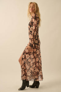 Festive Flowers Floral Mesh Bell-Sleeve Maxi Dress - ShopPromesa