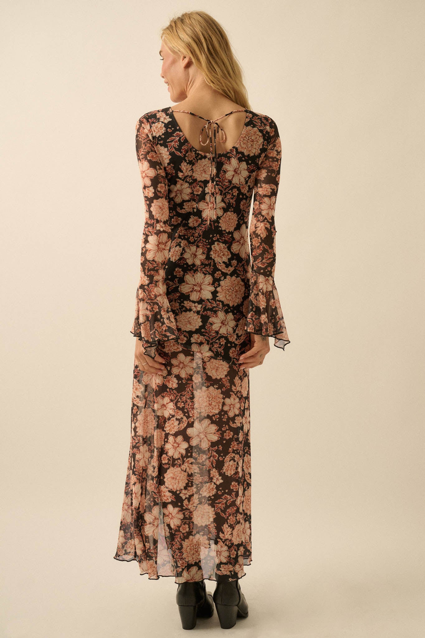 Festive Flowers Floral Mesh Bell-Sleeve Maxi Dress - ShopPromesa