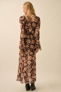 Festive Flowers Floral Mesh Bell-Sleeve Maxi Dress - ShopPromesa