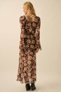 Festive Flowers Floral Mesh Bell-Sleeve Maxi Dress - ShopPromesa